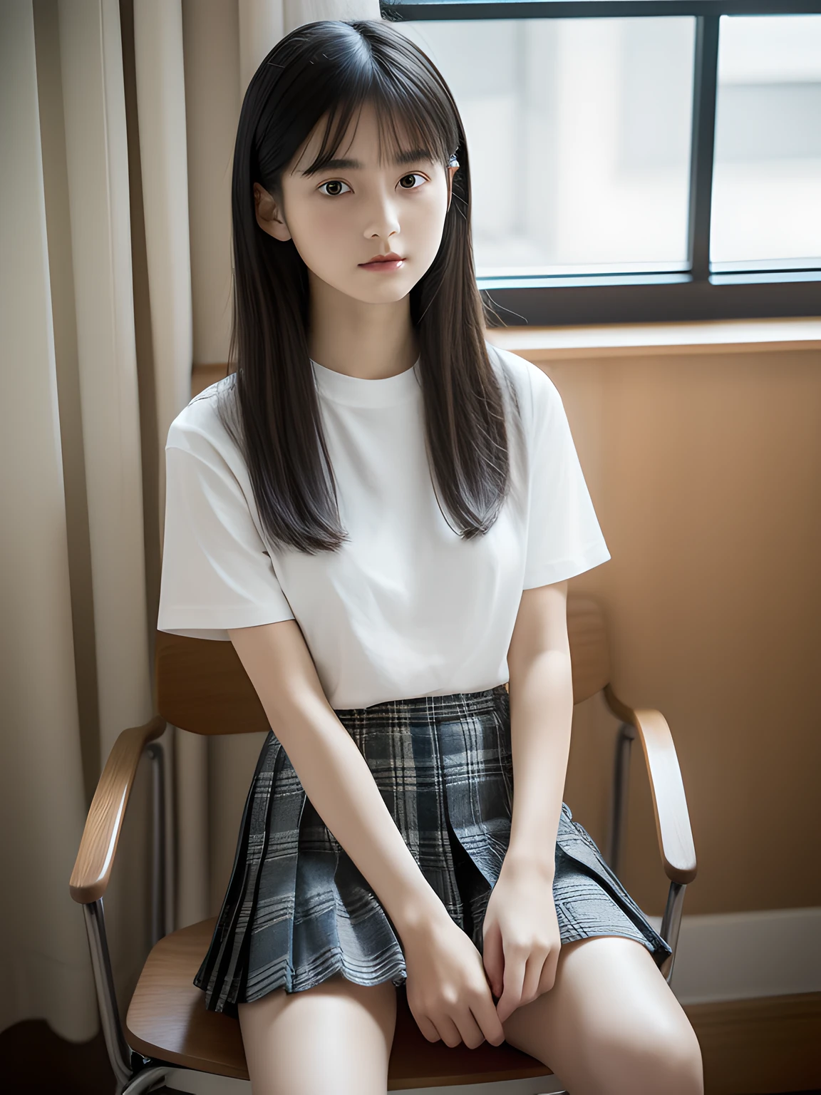 Sit in a study chair，Hands between legs，年轻，(Plaid pleated skirt)，flat breast，Black short-sleeved T-shirt，parka，Pupils，teens girl，A dark-haired，delicate and petite body，in a house