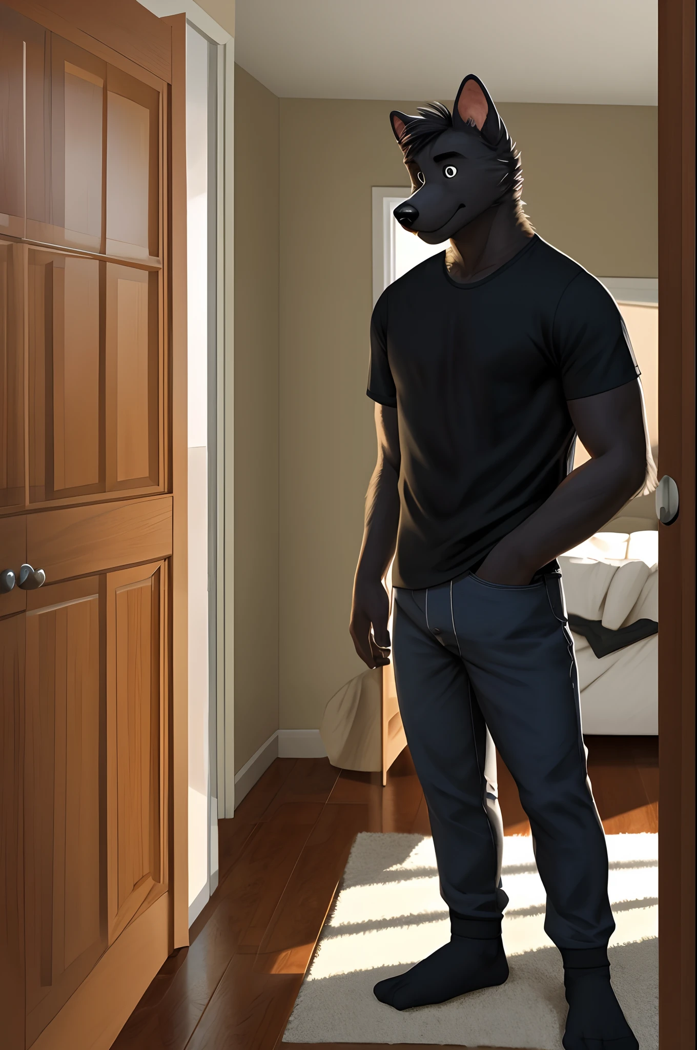 masterpiece, best quality, highres, 1male, solo, black dog man, furry, in house, indoor, full body, portrait, t-shirt, pants, socks