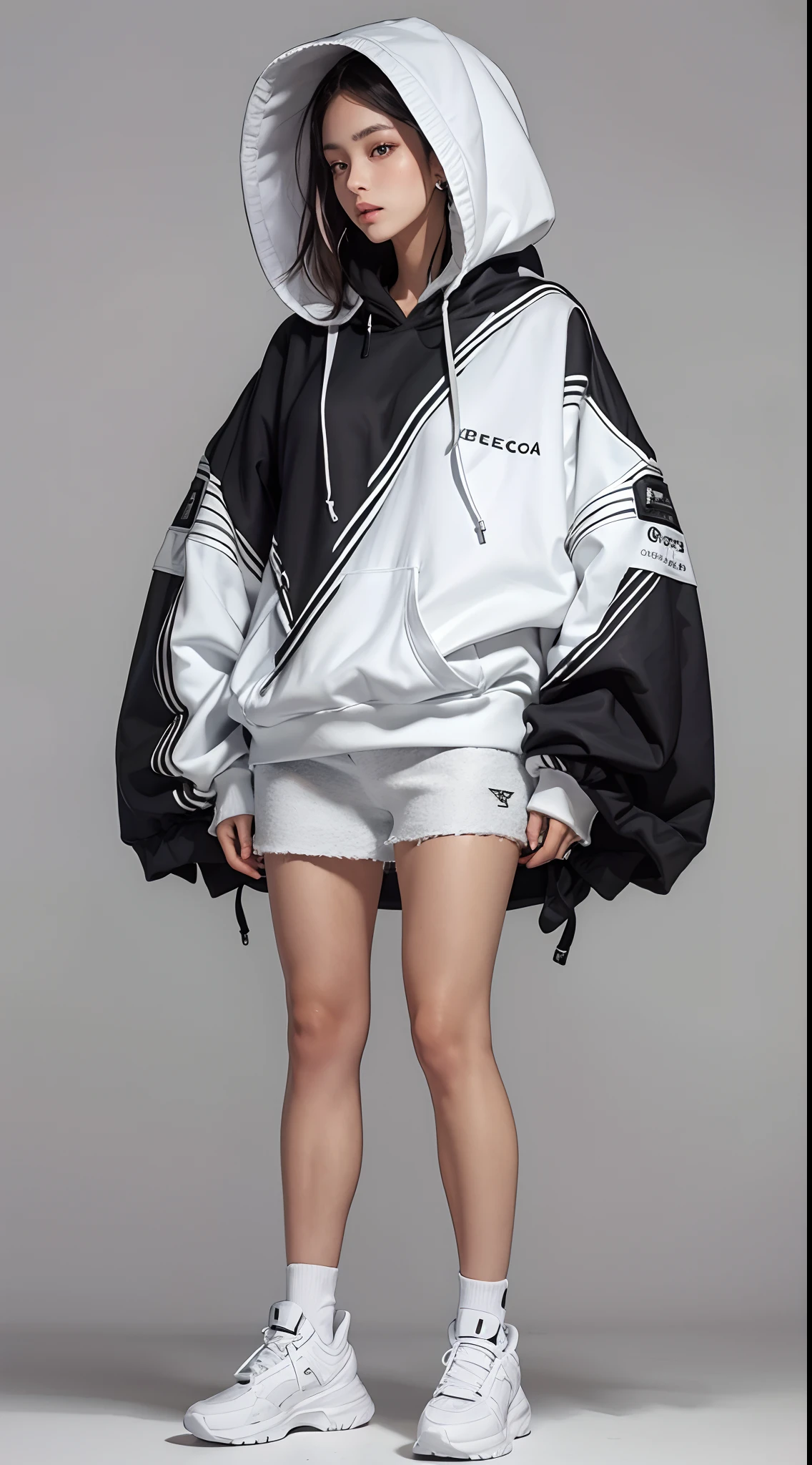 Standing woman wearing a black Balenciaga hoodie, fashion model, oversized hoodie, stunning style, white background, model studio