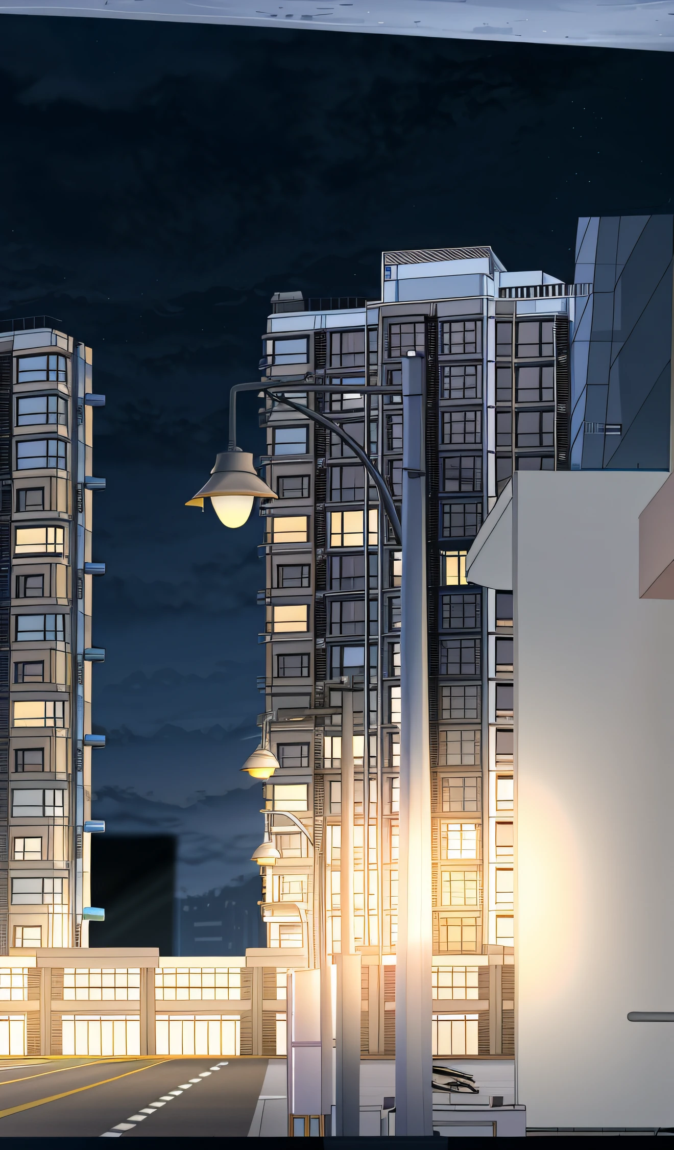Night view of the city with tall buildings and street lights, night time render, anime style cityscape,