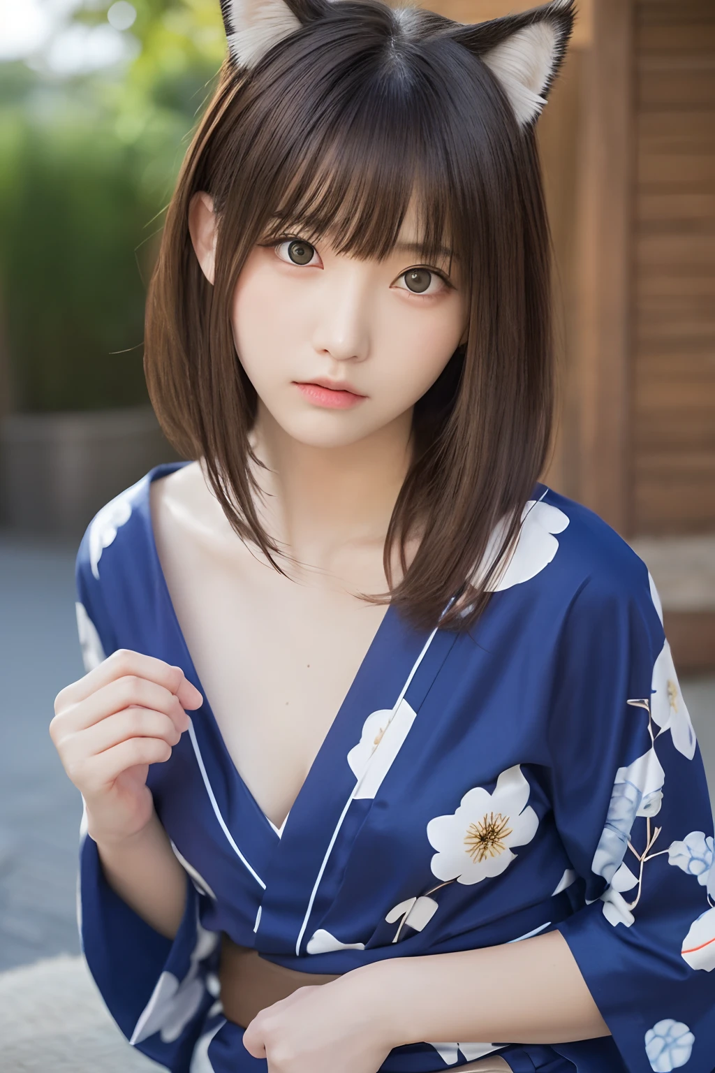 masutepiece, Best Quality, One girl, (Beautiful Girl:1.3), (18 years old:1.3), Very fine eye definition, (Symmetrical eyes:1.3), (Yukata:1.2), Beautiful breasts, Brown eyes, Parted bangs, Brown hair、cat ear、Sad face