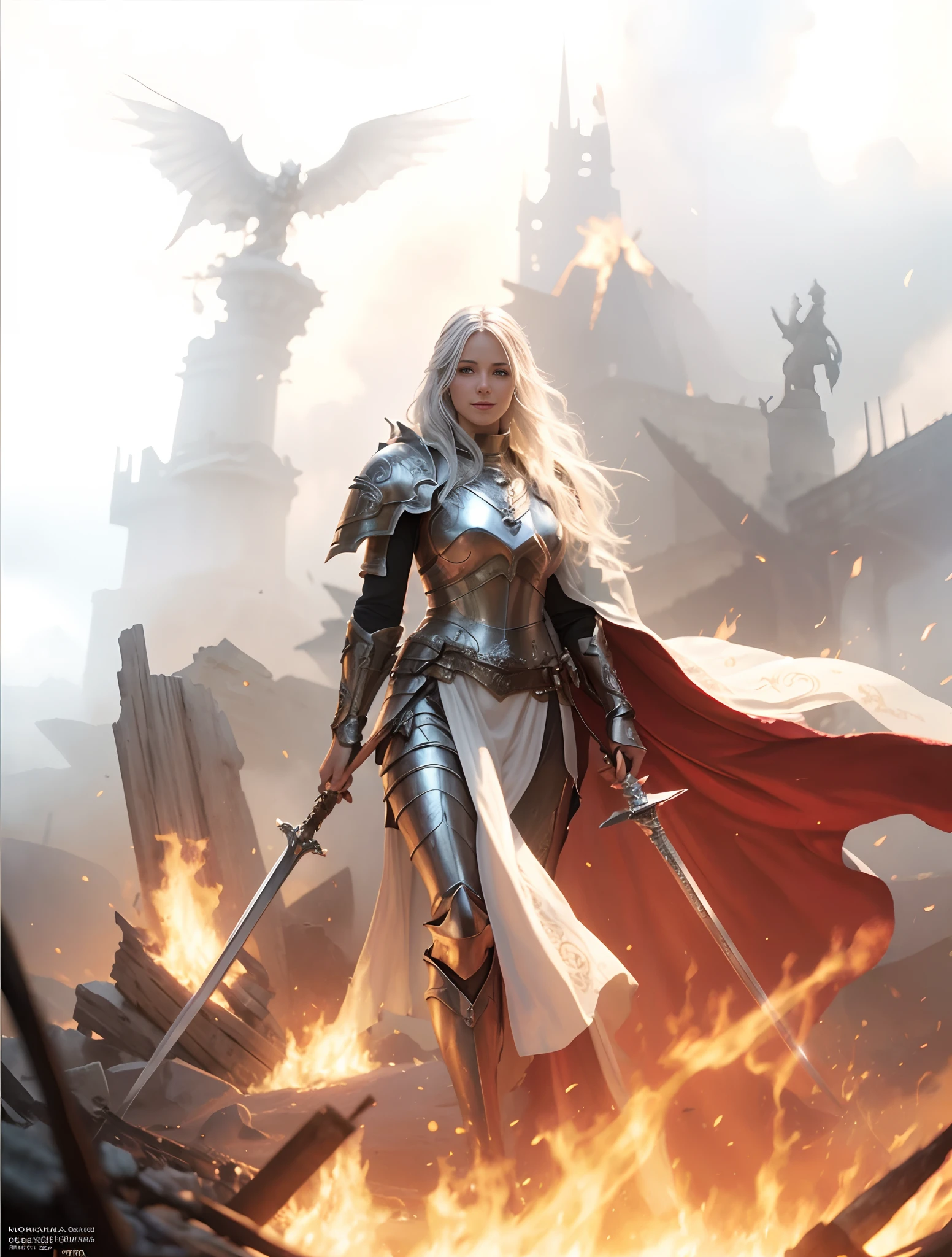 a woman with a sword in her left hand and a sword in her right hand walking through a fire, fantasy paladin woman, a beautiful silver white haired female knight, graphic artist magali villeneuve, gorgeous female paladin with a menacing smile, high quality fantasy art, epic fantasy character art, (realistic, photo-realistic:1.37), (insanely detailed:1.3), 8k, (masterpiece), (best quality:1.4), (ultra high res:1.2), (RAW photo:1.2), professional lighting, cinematic realism