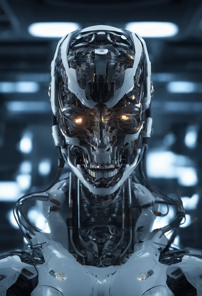 Cyborg Woman, (((Half Female Face, Half Robot Skull))), (((Flesh-colored skin))), Electronic Systems On-Head Humanoids, Detailed Brain in Sight, Detailed connection wire, mechanical limbs, tubes connected to the mechanical parts, mechanical vertebrae attached to the spine, mechanical cervical attachment to the neck, wires and cables connecting to the head, (((Led on a surgical Bed))), (((Cables Connecting to Monitors))), (((machine installing parts to the head))) | Biopunk | Cybernetics | Cyberpunk | | Canon M50| 100mm| Sharp Focus | Hyperrealism | Very detailed| Intricate Details | Full Body View, small glowing LED lamps, Bright Red Neon Highlights, global lighting, deep shadows, Octane Rendering, 8K, Ultra Sharp, Metal, Intricate Ornament Details, baroque details, Very intricate details, realistic light, CGSoation trend, facing the camera, neon details, (android manufactory in background)