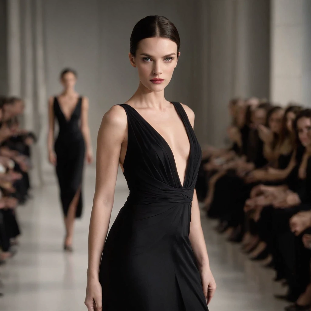 a woman in a black dress walking down a runway, an elegant woman in black dress, elegant asymmetrical, flowing black gown, black gown, she is wearing a black dress, emaciated black evening gown, style is a blend of æon flux, dark black long dress, style mix of æon flux, elegant sleek smooth body, wearing a long dress, armani