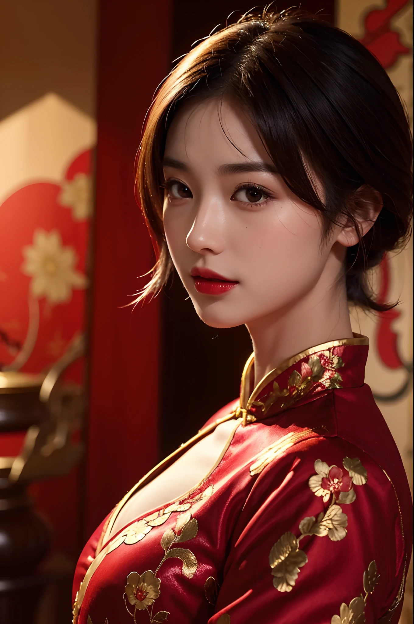 1girls,shrubs,Girl-Girl,china dress,Red Chinese Clothing,Blunt haircut,(masterpiece:1.4),(bestquality:1.4),(oily shiny skin),Red lips,looking at the audience,Big breasts,cleft lip, Upper body,