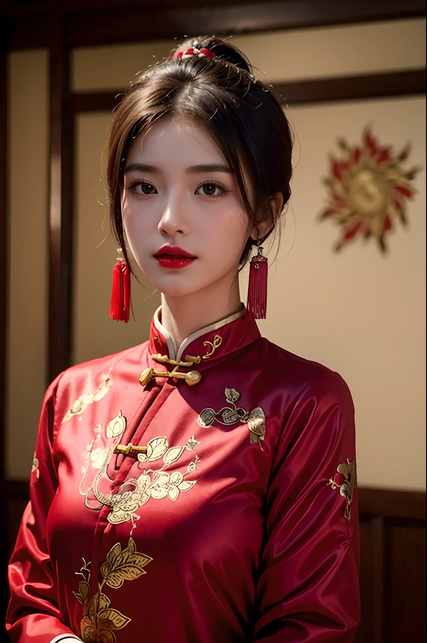 1girls,shrubs,Girl-Girl,china dress,Red Chinese Clothing,Blunt haircut,(masterpiece:1.4),(bestquality:1.4),(oily shiny skin),Red lips,looking at the audience,Big breasts,cleft lip, Upper body,