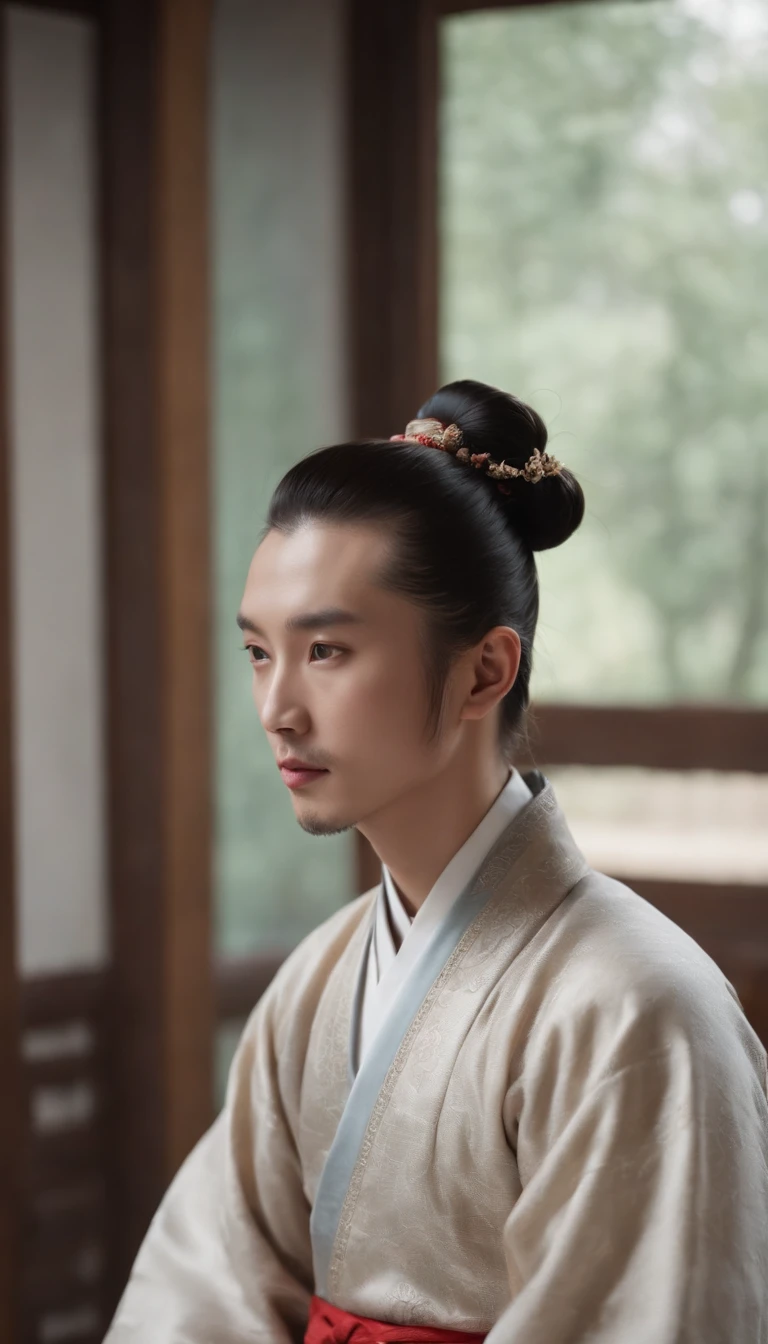 A bearded Chinese man,wearing a hanfu,Sit in a room,chinese traditional architecture,Traditional Chinese furniture,hair-bun,long whitr hair,looks into camera,4K8K,k hd,Motion picture film