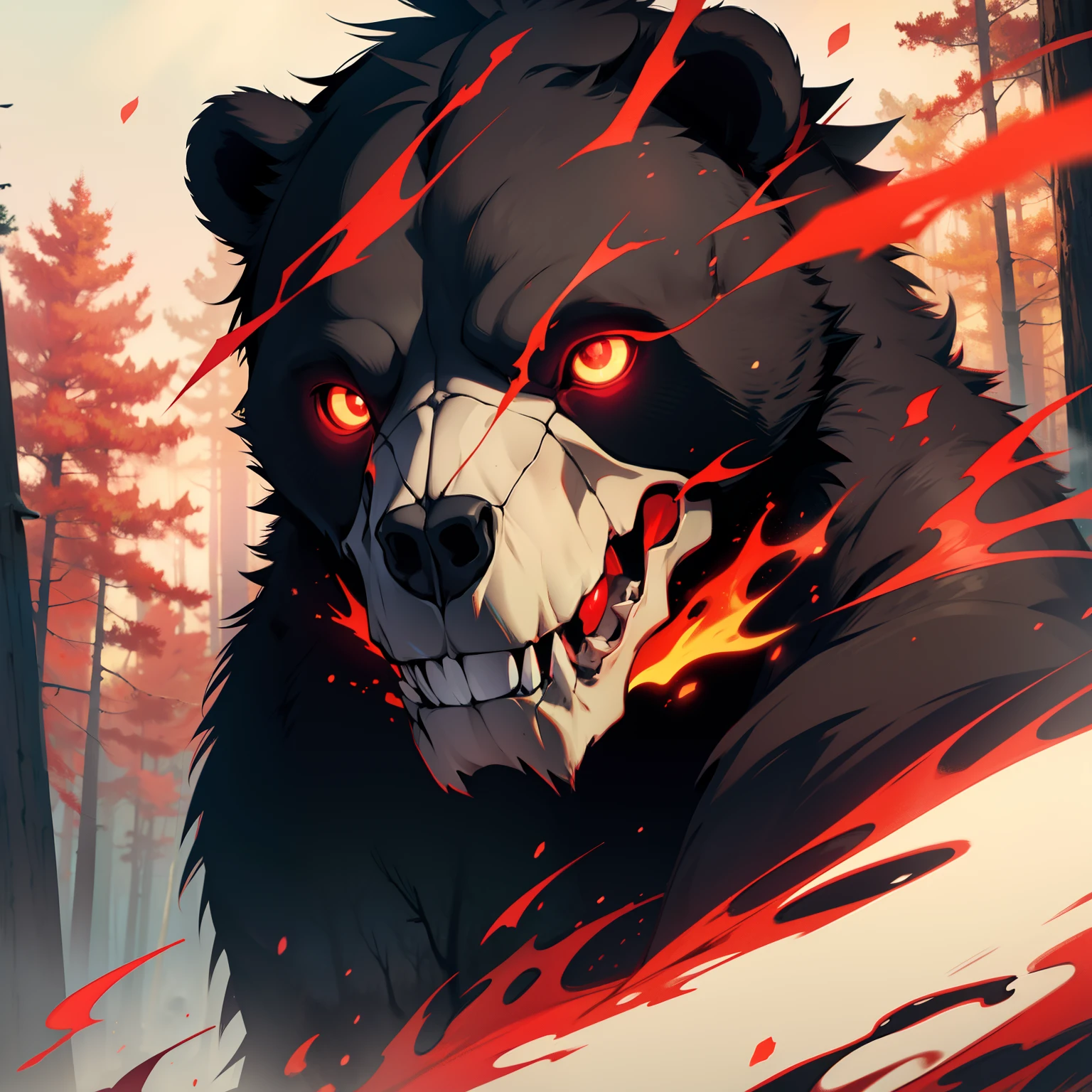 Bear Skull. Red Aura. Forest Background. Bear