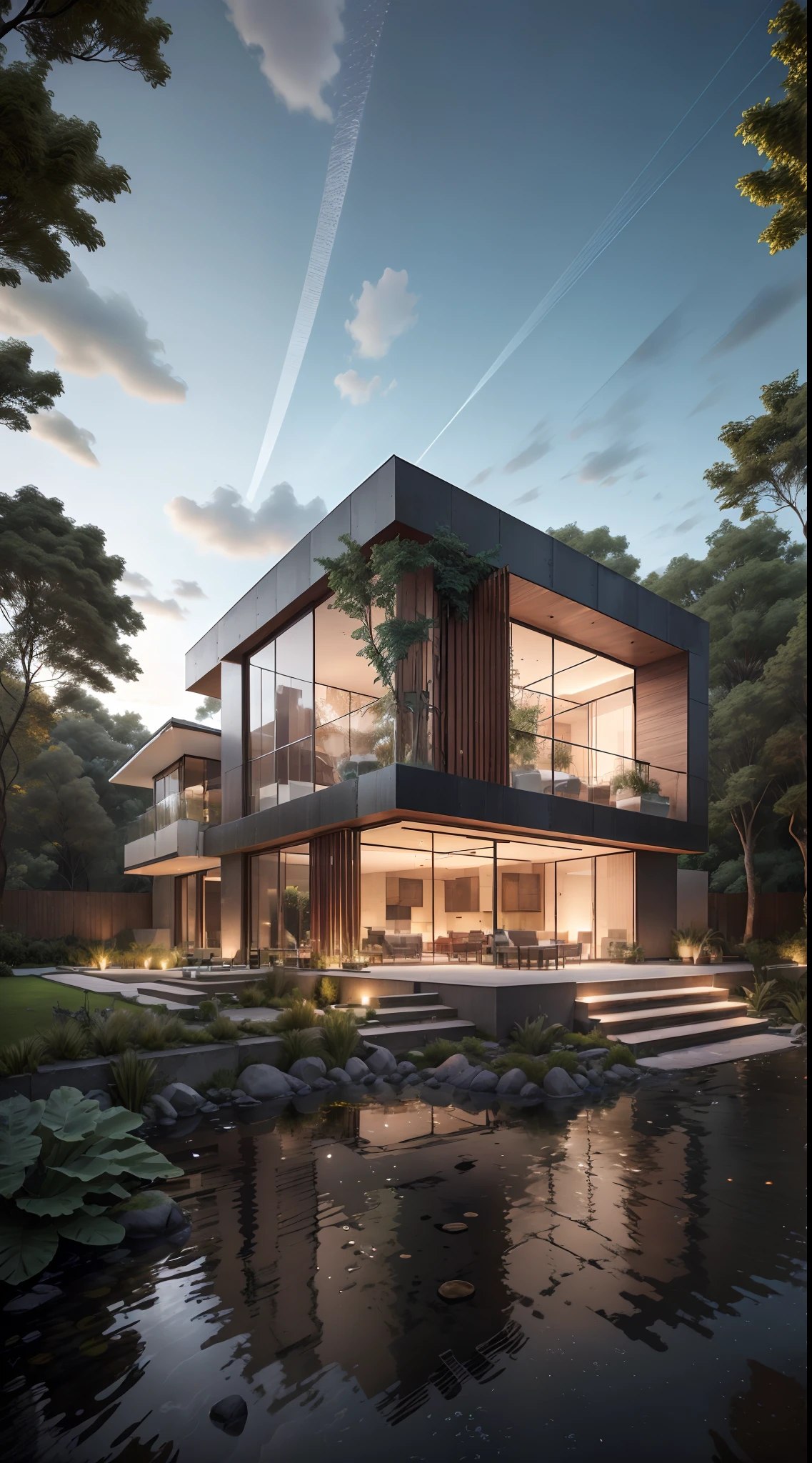 Bauhaus style house, glass house with a sloping roof, modern, dynamic (RAW photo, real, best quality, masterpiece:1.2), (hyper realistic, photo-realistic:1.2), high quality, (dark lighting:1.2), perfect lighting, archdaily