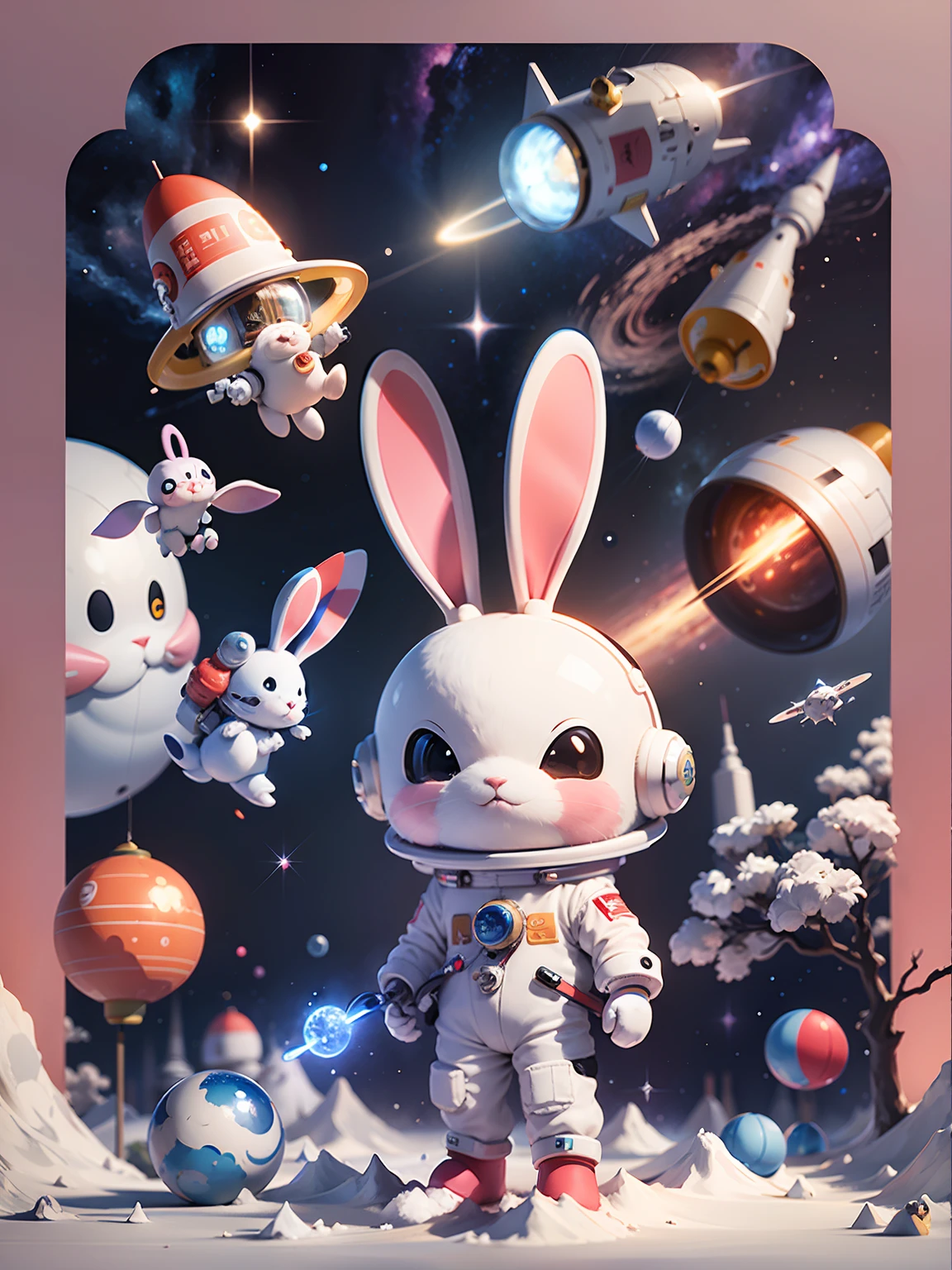 Space poster design,ChineseCartoon《Chang'e》,In space,Cartoon bunny astronaut with space rocket in the sky,Transparent helmet,rockets:1.1。 cute 3 d render, Astronaut, rabbit robot,
