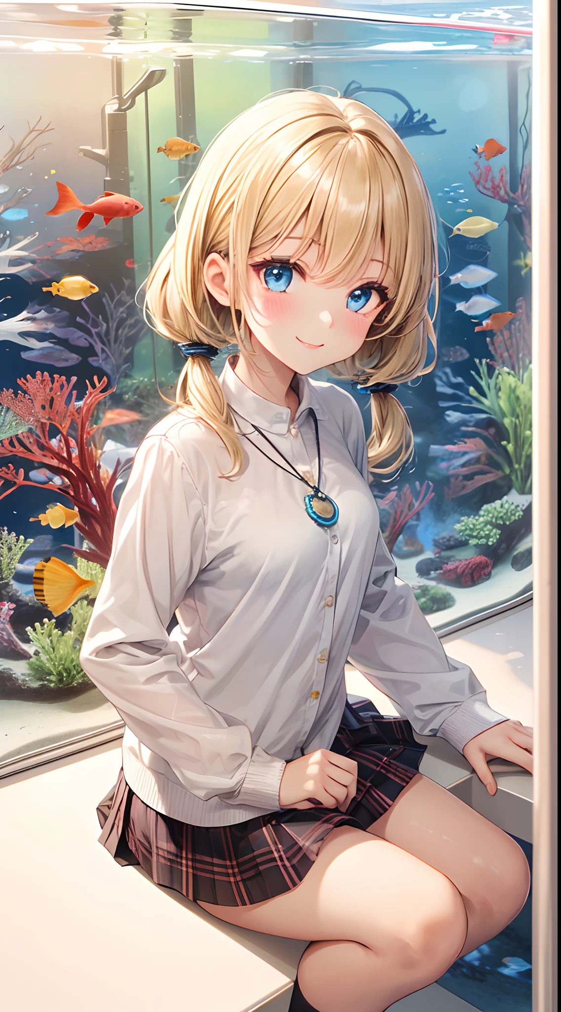absurderes, ultra-detailliert,bright colour, extremely beautiful detailed anime face and eyes, (1girl in:1.8),(Aquarium Date:1.5),Admire the aquarium,(Looking away),(From Side),A lot of fish swim in the aquarium,Happy smile,shiny_skin,25 years old, , (Light white uniform、Black socks、plaid skirts)、(Short hair, , asymmetrical bangs, Blonde hair with short twin tails):1.2,Shiny hair, Delicate beautiful face, red blush、(Deep Blue Eyes:1.3)、Small necklace、(Domed building:1.2)、a lot of people