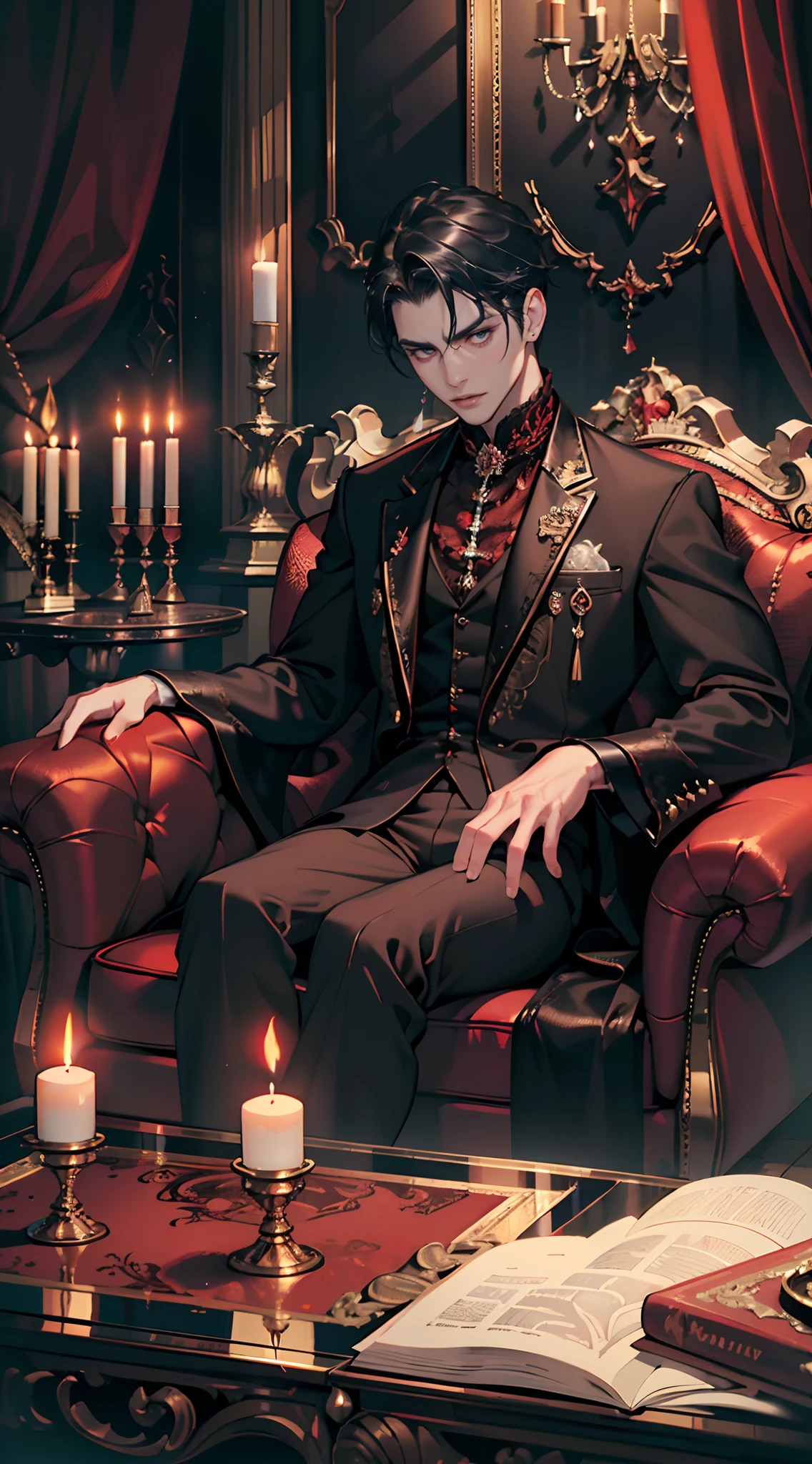 (tmasterpiece, high resolution, ultra - detailed:1.0), (Red sofa, Tea table, Gothic living room, Gothic, Dim light, Dark curtains, waxy candles, Oil painting, decorations, Dark night), color difference, Depth of field, dramatic shadow, Ray tracing, Best quality, Cinematic lighting, offcial art