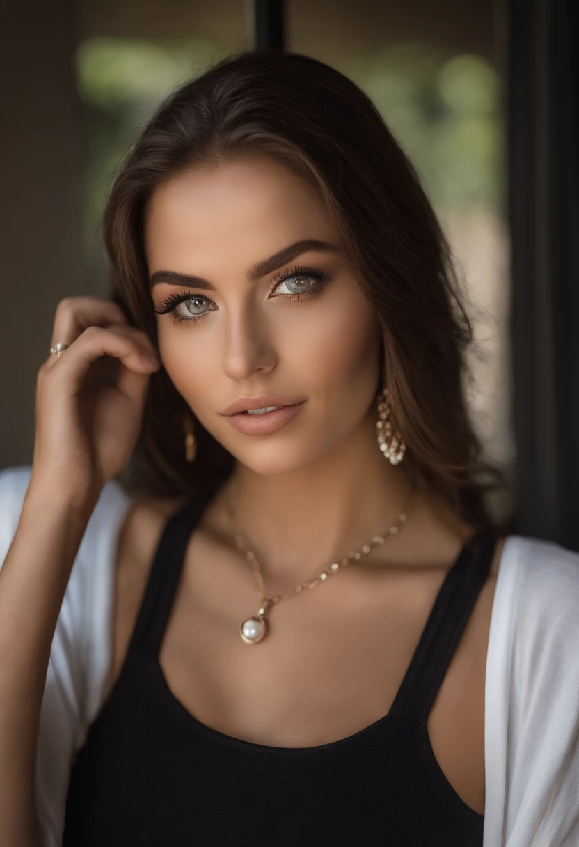 Arafed woman with a white tank top and necklace, fille sexy aux yeux verts, Portrait Sophie Mudd, cheveux bruns et grands yeux, selfie of a young woman, Yeux de chambre, Violet Myers, avec maquillage, maquillage naturel, looking straight at camera, Visage avec Artgram, Maquillage subtil, Superbe photo du corps entier, piercing green eyes, Bel angle, pose attrayante, fille mignonne, sexy pose, Image du corps entier, corps entier, Prise de vue du corps entier, brunette goddess, High detail, pose satisfaite, Pantalon en cuir