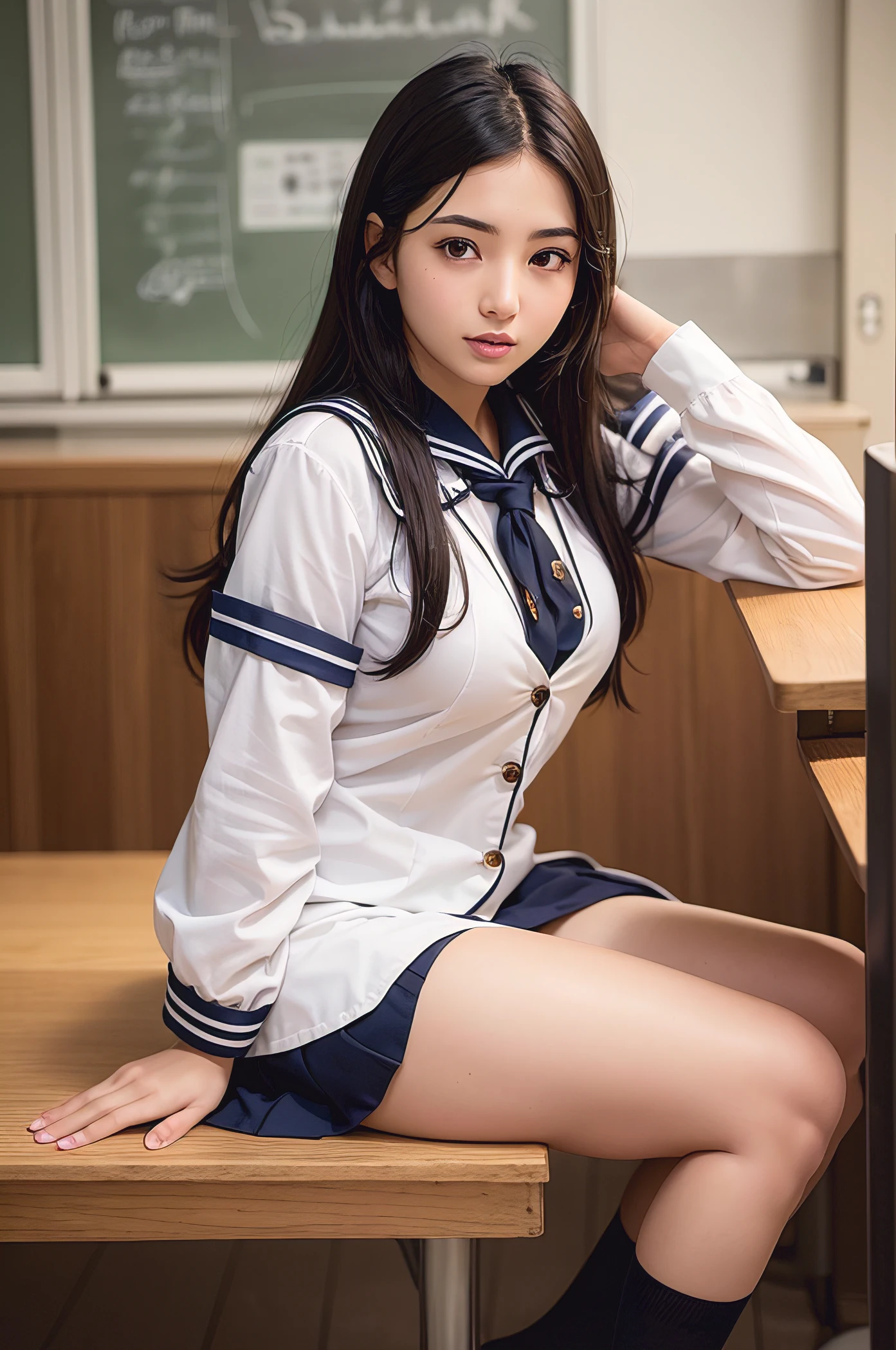 Arab-asian woman in sailor's uniform sitting at table, wearing japanese school uniform, of a schoolgirl posing, japanese girl school uniform, Cute Schoolgirl, Japan school uniform, Young Pretty Gravure Idol, Young Gravure Idol, Realistic Young Gravure Idol, Young skinny gravure idol, Young Sensual Gravure Idol, a hyperrealistic schoolgirl, Sailor Uniform