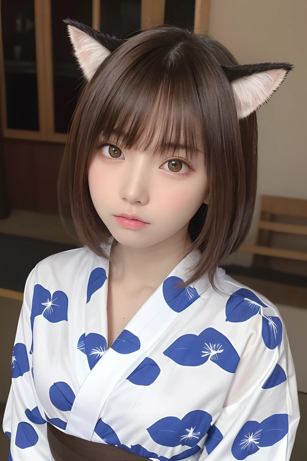 masutepiece, Best Quality, One girl, (Beautiful Girl:1.3), (18 years old:1.3), Very fine eye definition, (Symmetrical eyes:1.3), (Yukata:1.2), Beautiful breasts, Brown eyes, Parted bangs, Brown hair、cat ear、Sad face