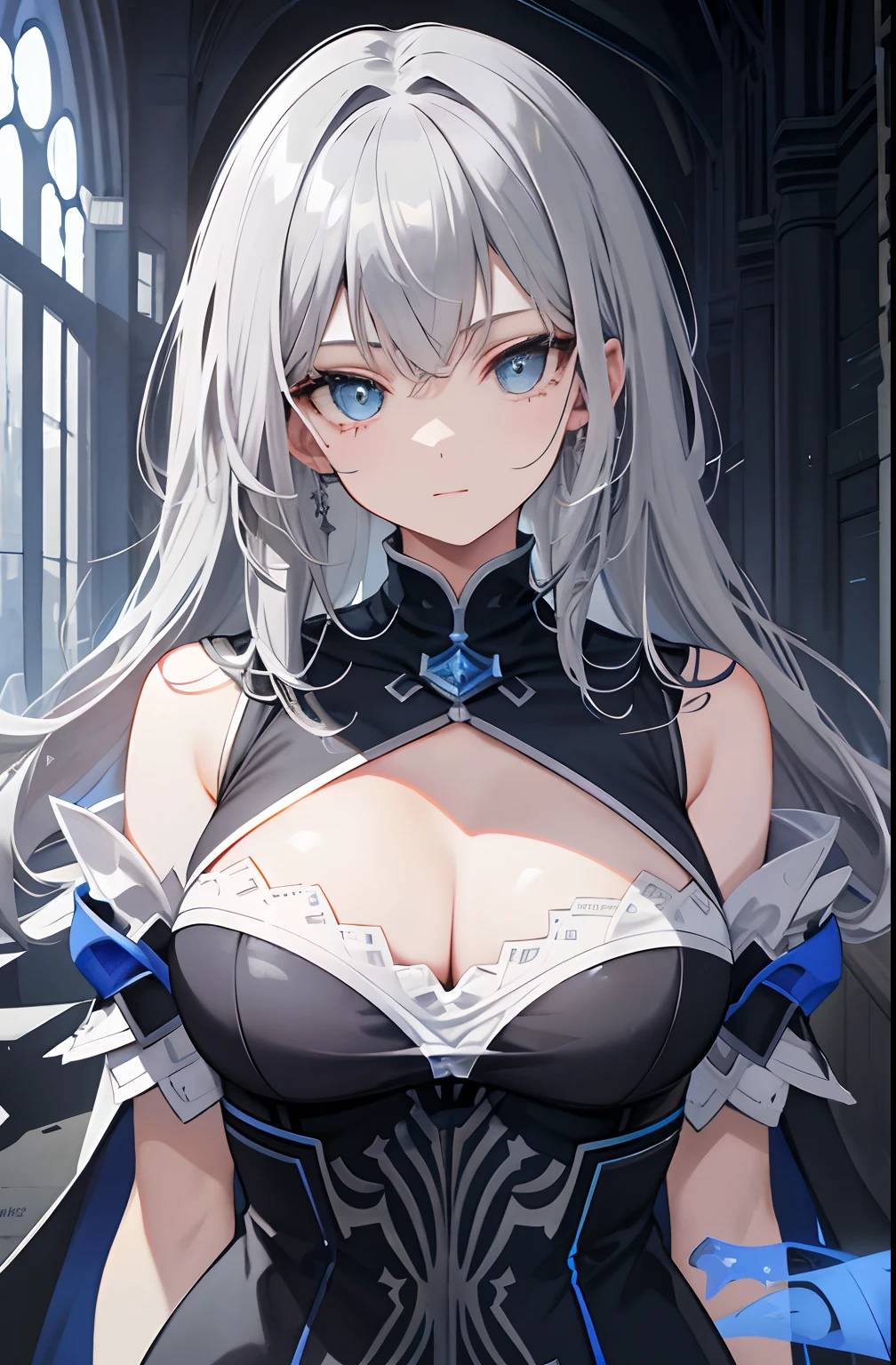 Solo，high high quality，Gray hair，（Blue pupil color），Large of breast，a sense of atmosphere，The cleavage protrudes，white church background，having fun，mid - length hair