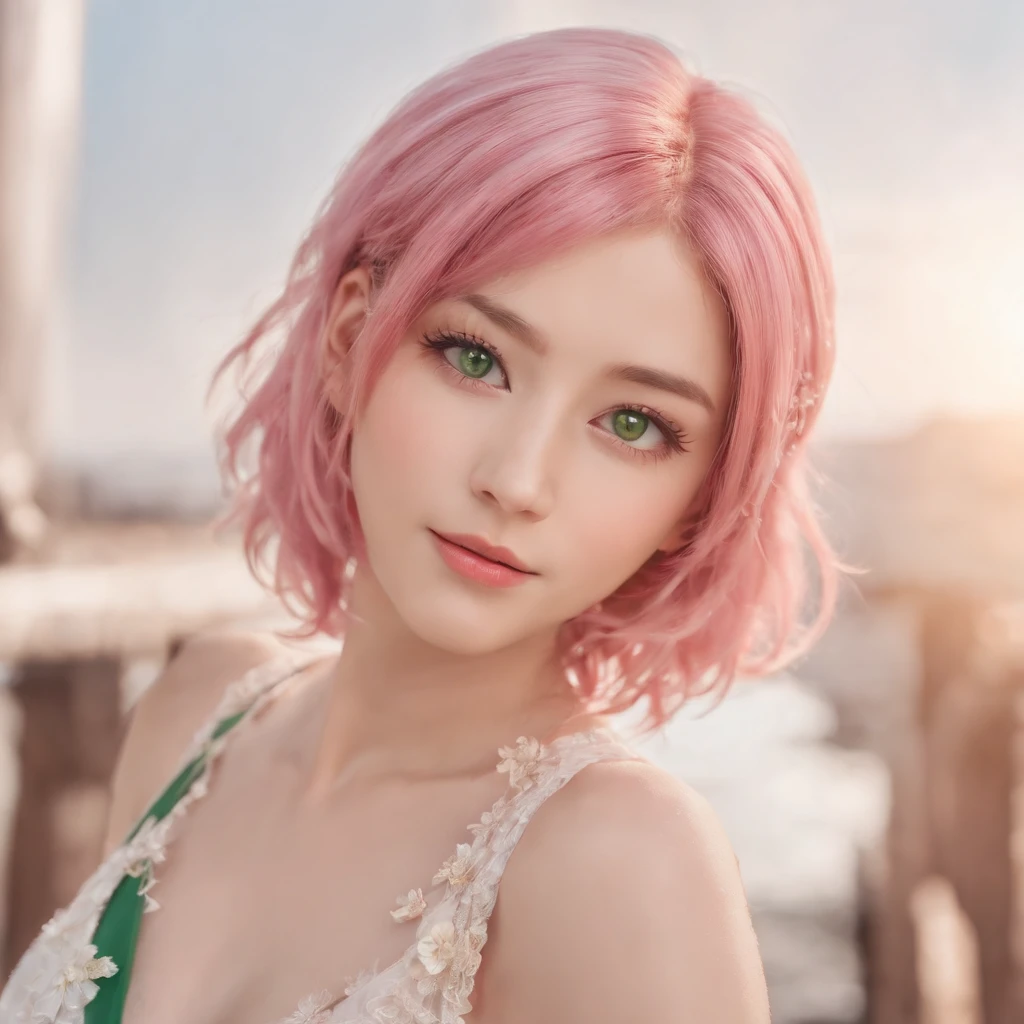 young woman, short shoulder-length pink hair, wide forehead, porcelain skin, pink eyebrows, big emerald green eyes, buttoned nose, full lips, heart-shaped face, slender body, small breasts, red tank top, Sakura Haruno , realistic, realism, details, 3d, well detailed