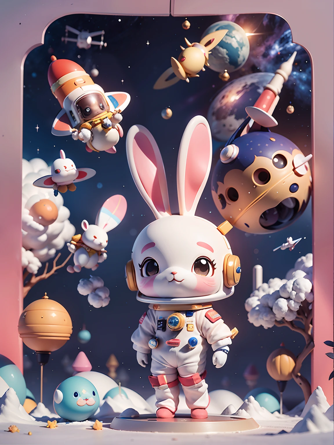 Space poster design，ChineseCartoon《Chang'e》，In space，Cartoon bunny astronaut with space rocket in the sky,Transparent helmet，rockets：1.1。 cute 3 d render, Astronaut, rabbit robot,