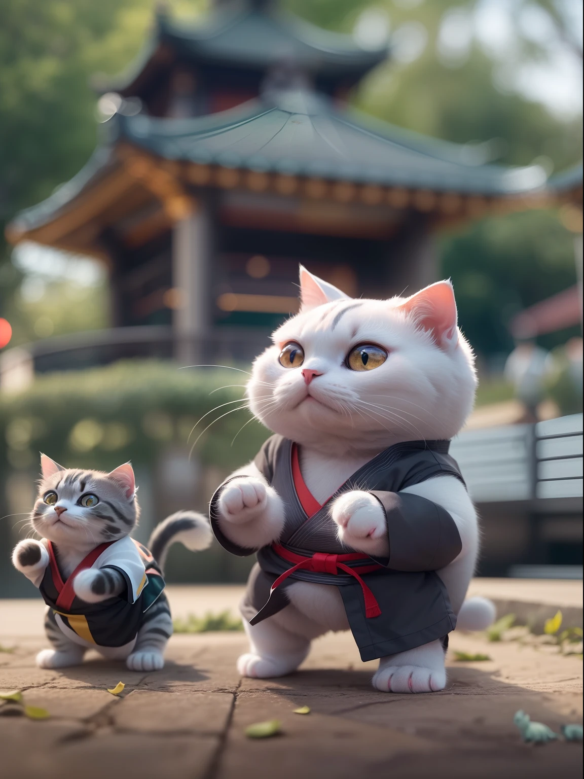 Three miniature cats,Seriously play Tai Chi,(Different postures),Wearing a gray martial arts uniform,(anthropomorphic turtle),with a park in the background,(Realiy),Focused eyes,Precise gestures,Soft limbs,(Artistic sense),full of strength,(Beautiful),(dyna),The beauty of life。