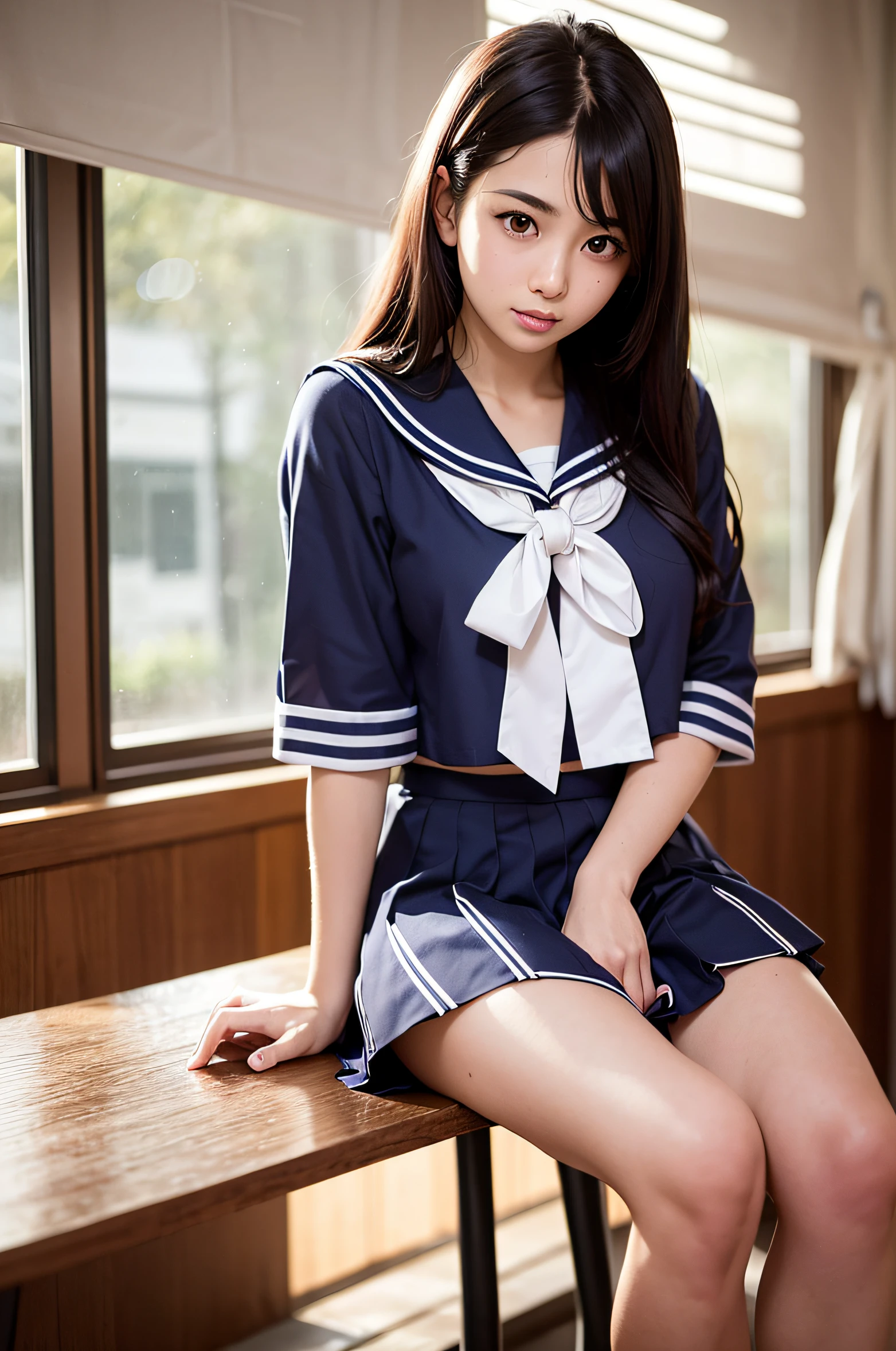 arafed asian woman in a sailor suit sitting on a chair, wearing japanese school uniform, japanese school uniform, japanese girl school uniform, Cute Schoolgirl, Seifuku, White Sailor Uniform, s summer clothes、Navel out、Long live both hands、Half-sleeved、Loose、coat、color、White underwear、Light blue sailor uniform, a hyperrealistic schoolgirl, of a schoolgirl posing, camel's toe、wearing school uniform, Young Sensual Gravure Idol, Wearing school uniform、poneyTail、bare leg、19-year-old