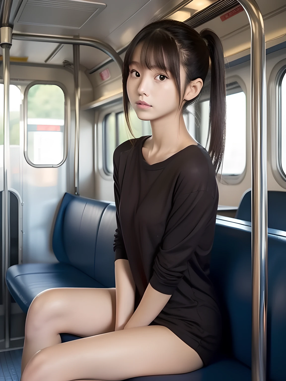 Looks Back,Knees,年轻,(Onepiece),Long brown T-shirt,s girl,Delicate body,petite body,Delicate body,small tits,tiny chest,Short,A dark-haired,Twin-tailed,poneyTail,In the train car