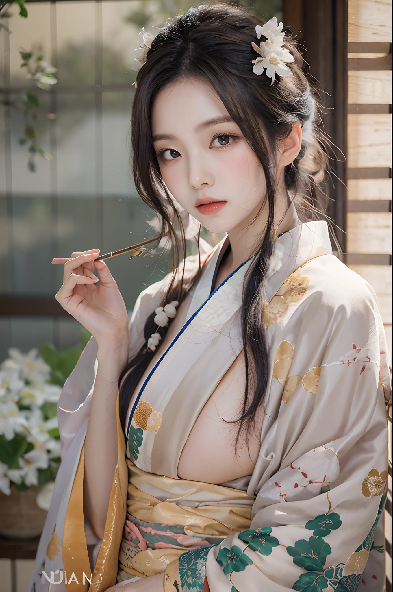 araffe woman in a kimono dress posing for a picture, in kimono, elegant japanese woman, wearing kimono, korean model, japanese kimono, japanese goddess, traditional japanese, in a kimono, wearing a kimono, pale and coloured kimono, white hanfu, kimono, wearing simple robes, classic kimono, wearing silk robe, wearing a simple robe, korean woman, heonhwa choe , big breast, show breast, light white hair