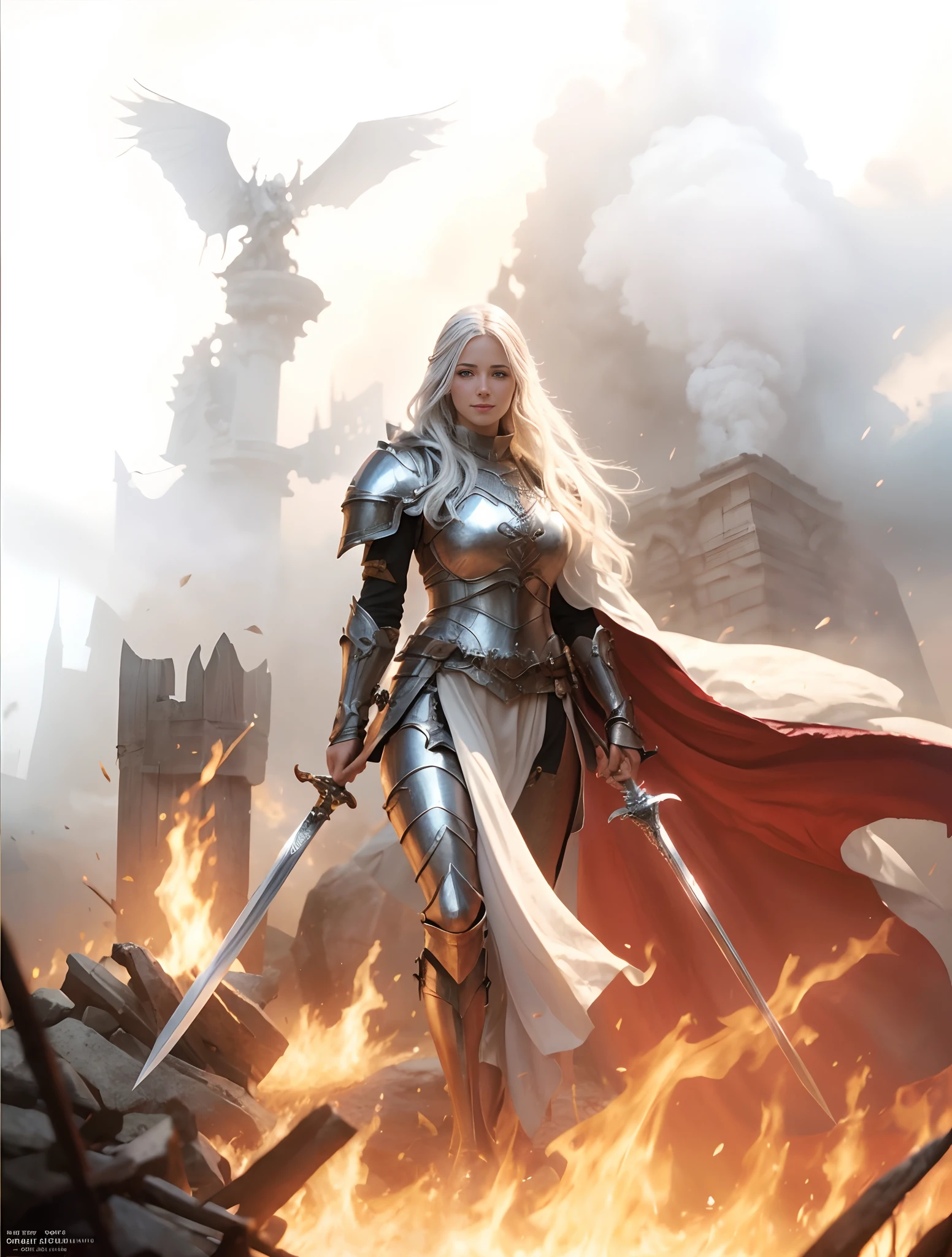 a woman with a sword in her left hand and a sword in her right hand walking through a fire, fantasy paladin woman, a beautiful silver white haired female knight, graphic artist magali villeneuve, gorgeous female paladin with a menacing smile, high quality fantasy art, epic fantasy character art, (realistic, photo-realistic:1.37), (insanely detailed:1.3), 8k, (masterpiece), (best quality:1.4), (ultra high res:1.2), (RAW photo:1.2), professional lighting, cinematic realism