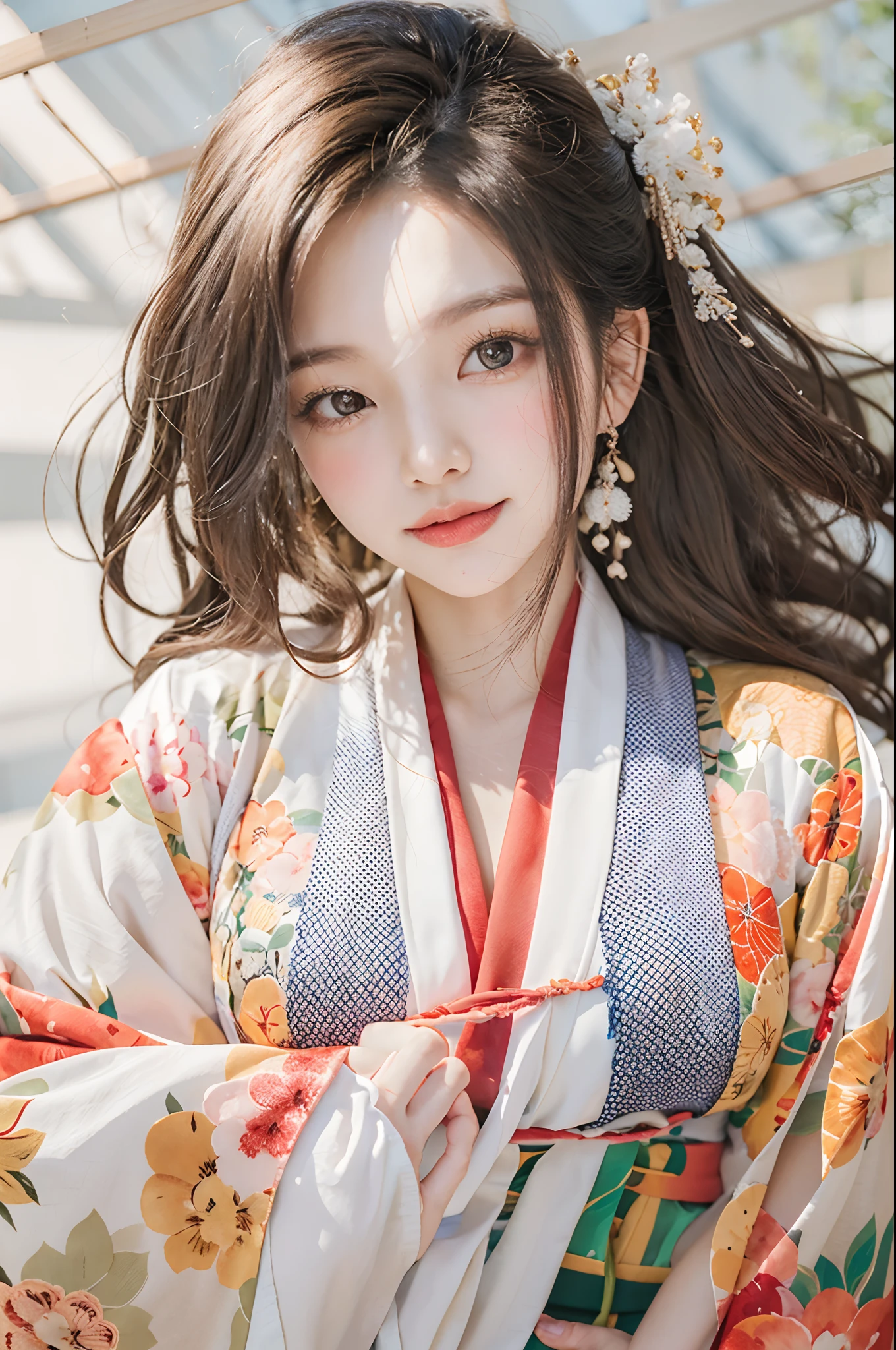 araffe woman in a kimono dress posing for a picture, in kimono, elegant japanese woman, wearing kimono, korean model, japanese kimono, japanese goddess, traditional japanese, in a kimono, wearing a kimono, pale and coloured kimono, white hanfu, kimono, wearing simple robes, classic kimono, wearing silk robe, wearing a simple robe, korean woman, heonhwa choe , big breast, show breast, light white hair