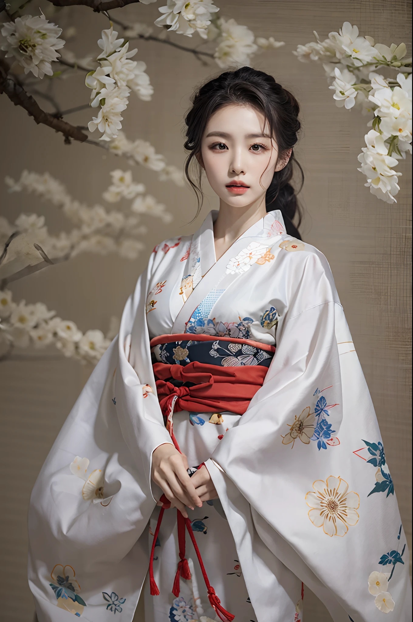 araffe woman in a kimono dress posing for a picture, in kimono, elegant japanese woman, wearing kimono, korean model, japanese kimono, japanese goddess, traditional japanese, in a kimono, wearing a kimono, pale and coloured kimono, white hanfu, kimono, wearing simple robes, classic kimono, wearing silk robe, wearing a simple robe, korean woman, heonhwa choe , big breast, show breast, light white hair