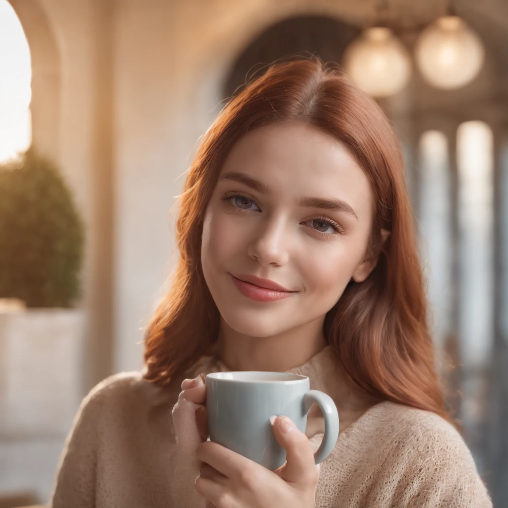 Beautiful redhead wearing a beige sweater (Holding a cup of coffee in a modern café at sunset), Very detailed, 21 anos, rosto inocente, cabelos cacheados naturais, olhos azuis, high resolution, master part, best quality, detalhes intrincados, altamente detalhado, foco nítido, pele detalhada, textura de pele realista, textura, olhos detalhados, profissional, 4k, sorriso encantador, filmado em canon, 85 millimeters, profundidade de campo rasa, Kodak Color Vision, corpo de ajuste perfeito, extremamente detalhado, fotografia_\(Ultra\), photoreallistic, realista, Post-processing, maximum details, rugosidade, vida real, Ultra realista, renderizado, fotografia, 8k UHD, fotografia Seed:232340