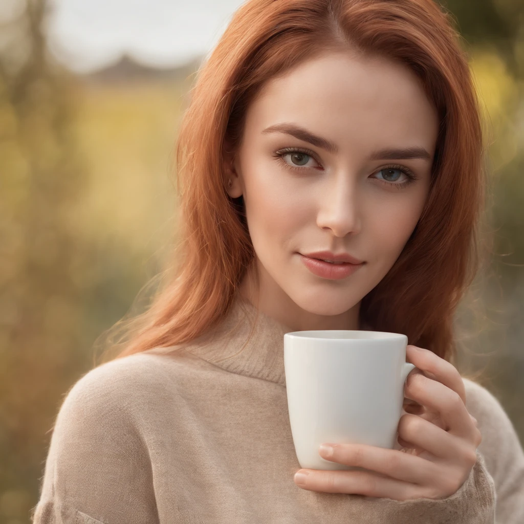 Beautiful redhead wearing a beige sweater (Holding a cup of coffee in a modern café at sunset), Very detailed, 21 anos, rosto inocente, cabelos cacheados naturais, olhos azuis, high resolution, master part, best quality, detalhes intrincados, altamente detalhado, foco nítido, pele detalhada, textura de pele realista, textura, olhos detalhados, profissional, 4k, sorriso encantador, filmado em canon, 85 millimeters, profundidade de campo rasa, Kodak Color Vision, corpo de ajuste perfeito, extremamente detalhado, fotografia_\(Ultra\), photoreallistic, realista, Post-processing, maximum details, rugosidade, vida real, Ultra realista, renderizado, fotografia, 8k UHD, fotografia Seed:232340