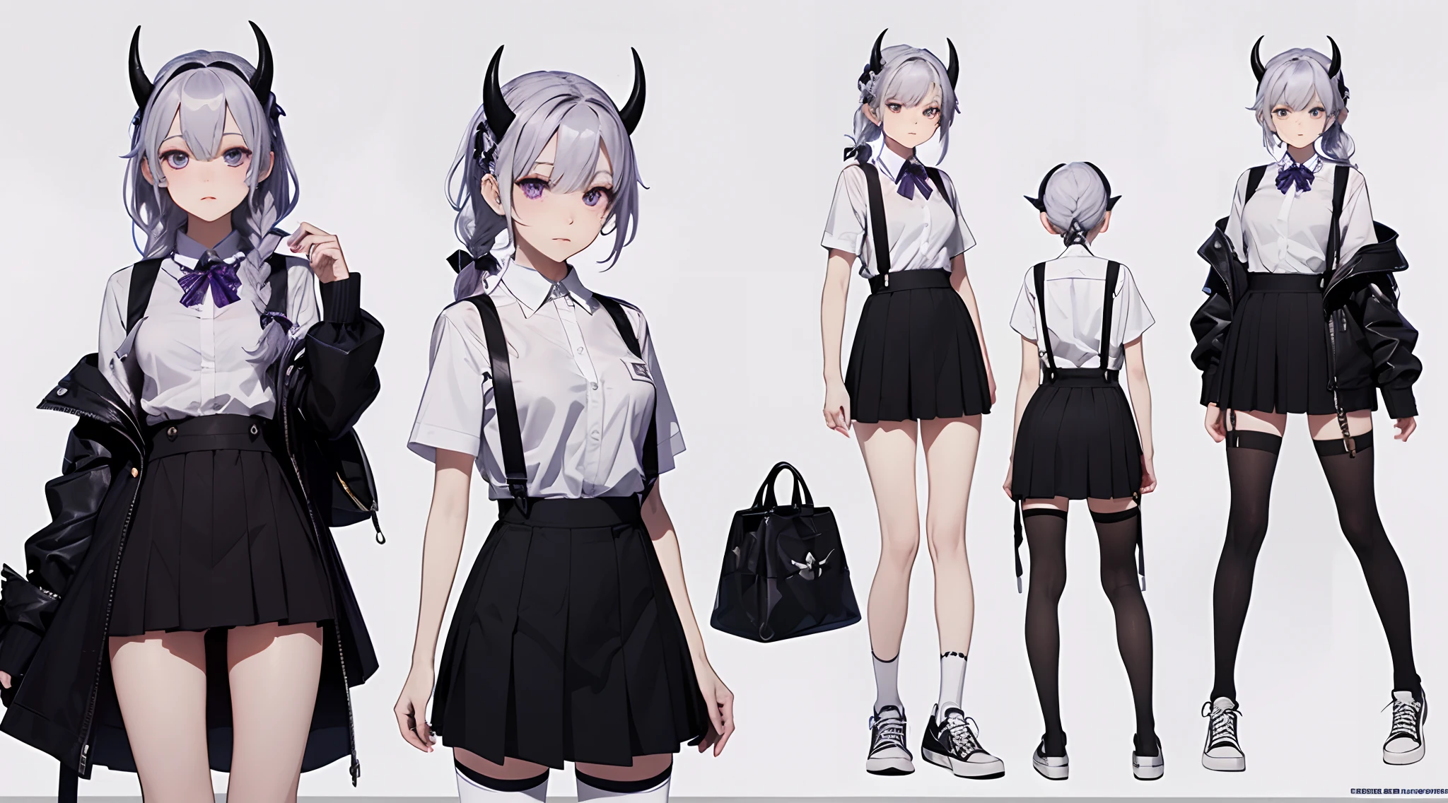 (Masterpiece, best quality), detailed, character sheet, many items (the same person, black school short shirt, black school skirt, suspenders, horizontal striped long stockings, white sneakers, many parts), daemon, detailed beautiful purple eyes, detailed face, white hair and white skin, braided ponytail, demon horns, full of details.