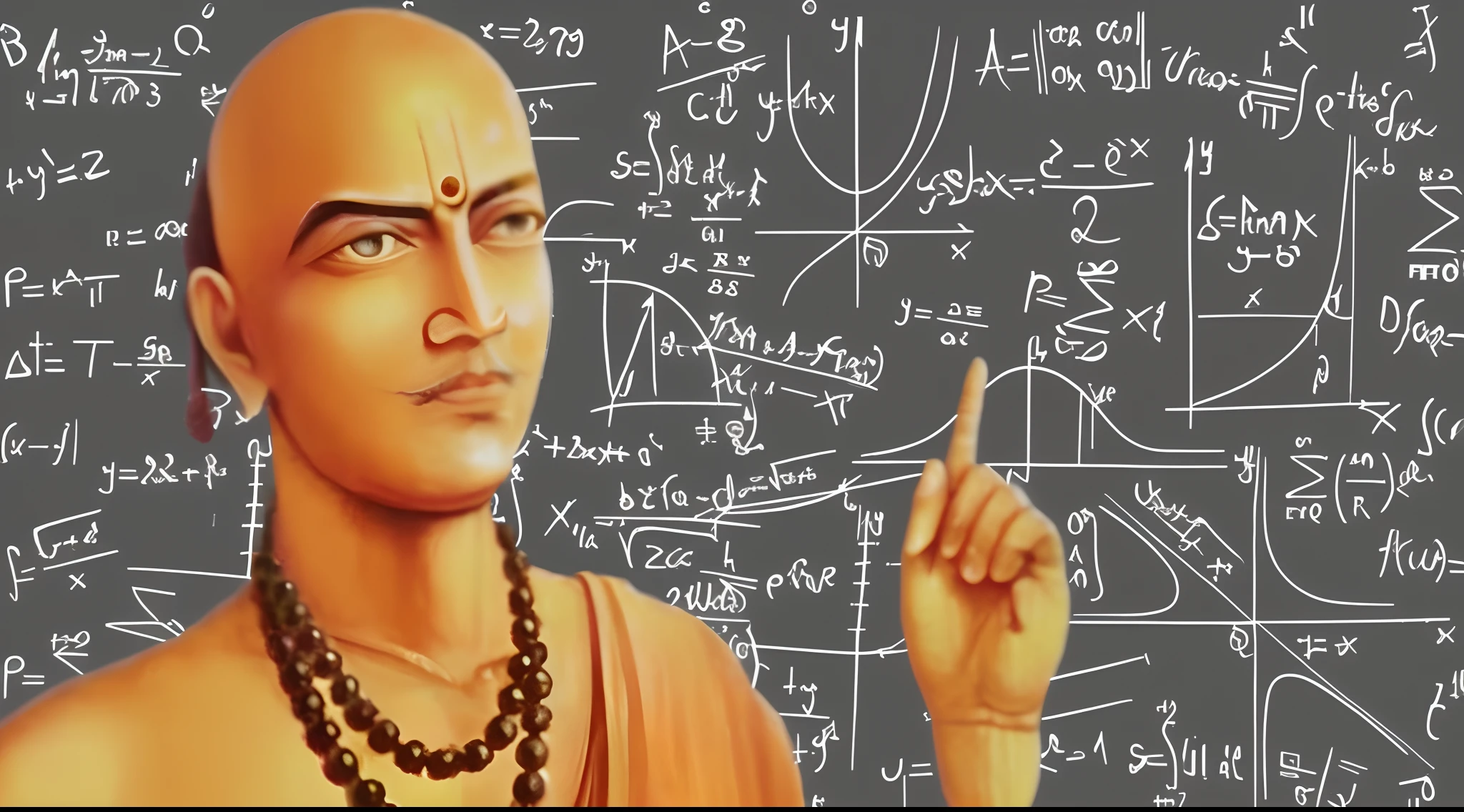 a close up of a man pointing to a blackboard with many calculations, ashoka tano, civ ghandi, mathematics, mathematics unifying science, inspired by Bapu, sanskrit, mathematical, wise old indian guru, very accurate coherent image, maths, algebra, inspired by Ram Chandra Shukla, philosopher, mathematics and geometry, k_euler_ancestral