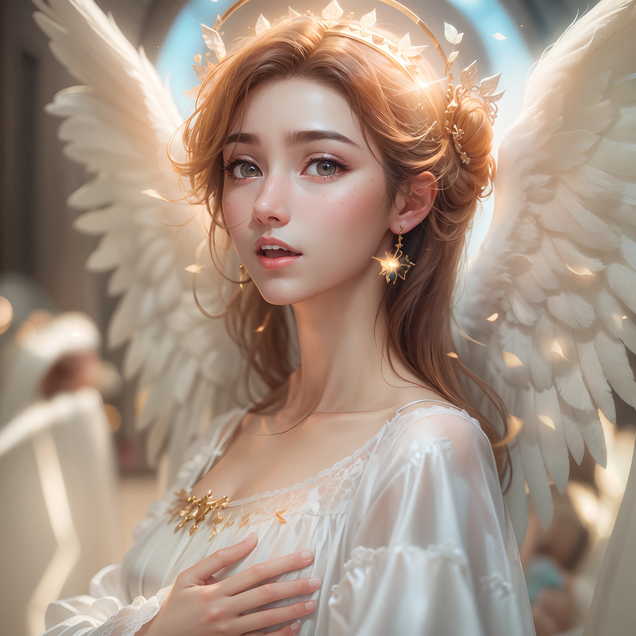 masterpiece, top quality, 8K, real person, realistic, very dense CG, shiny skin, fully focused, heaven, divine glory, radiant, angel, blessing, happiness,
