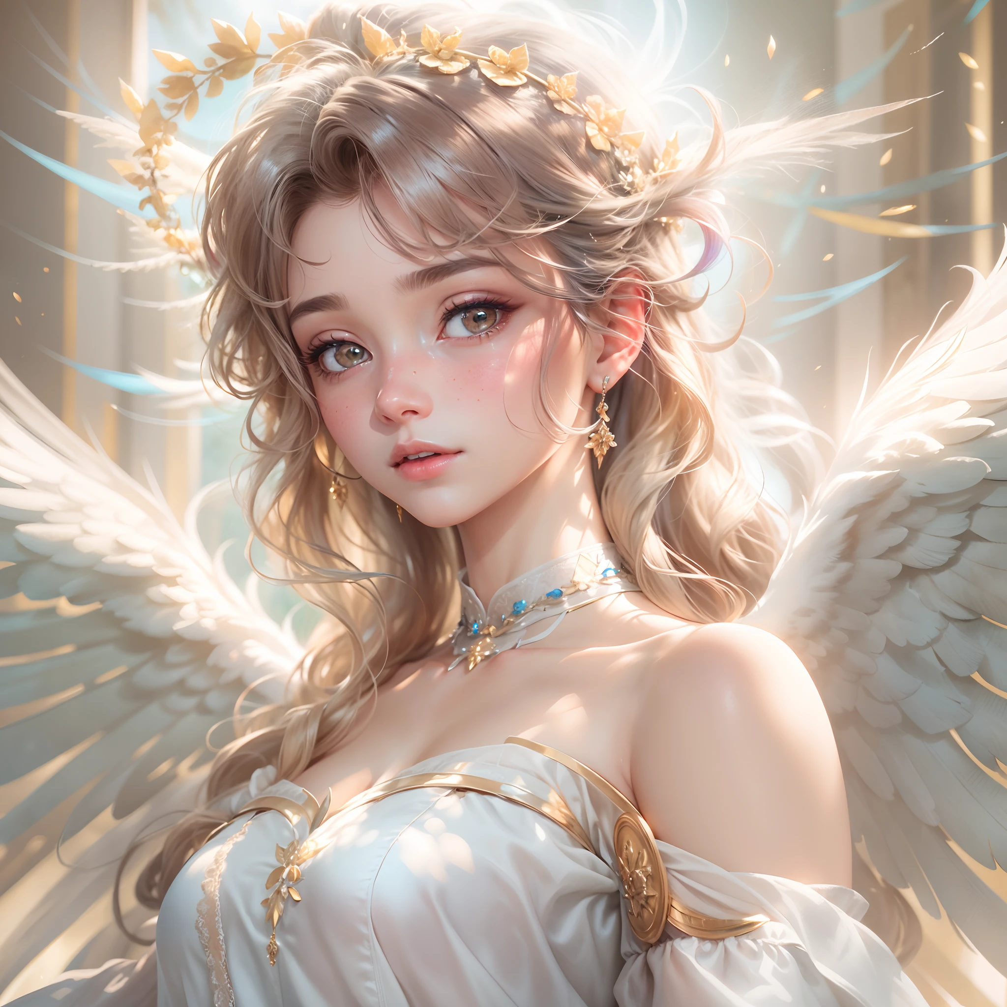 masterpiece, top quality, 8K, real person, realistic, very dense CG, shiny skin, fully focused, heaven, divine glory, radiant, angel, blessing, happiness,