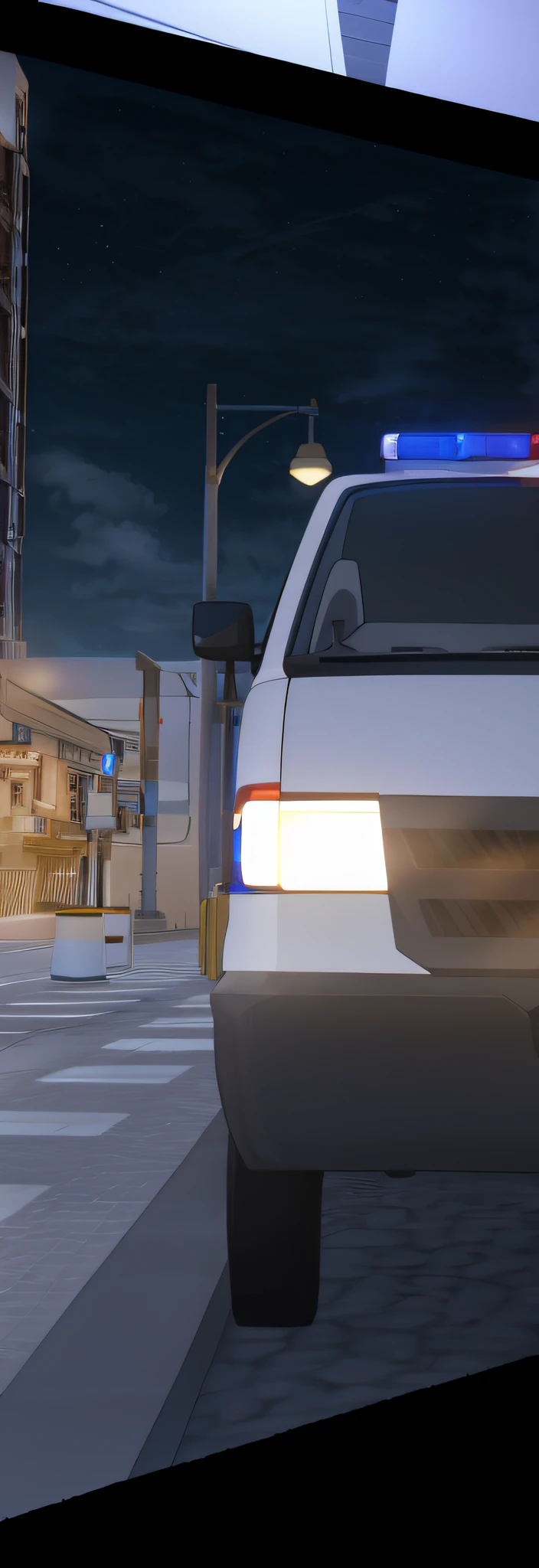 There was a police car driving on the street at night, volumetric backlighting, detail render, high resolution and detail