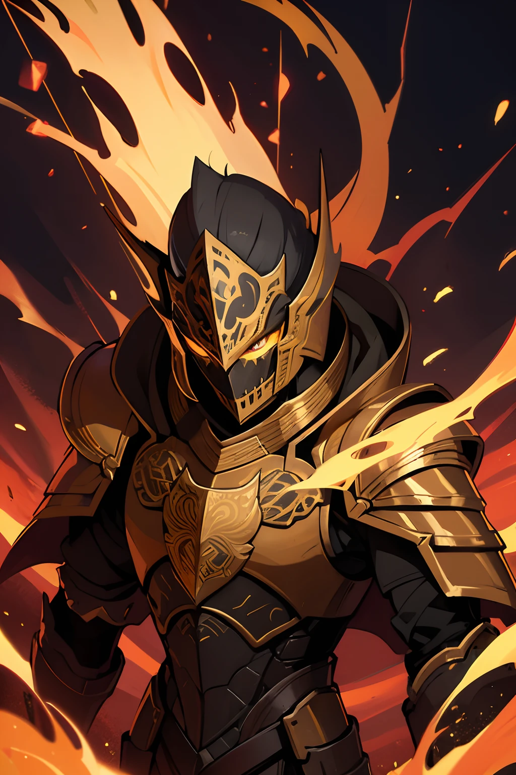 knight with dark armor and golden designs, menacing, bright golden eyes, red sky, dark background, hd, highres