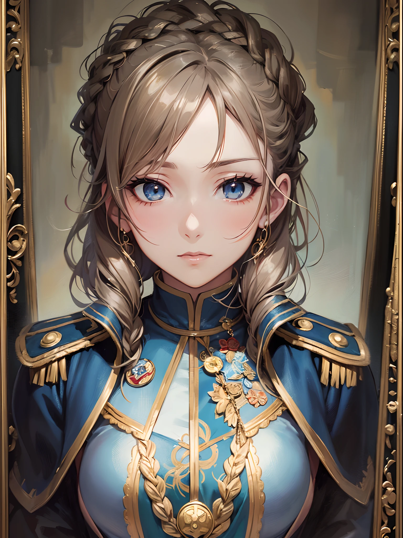 (Finest quality)),(超A high resolution),(ultra-detailliert),(Meticulous portrayal),((Best Anime)),(Finest works of art),Ultra-Precision Art,The art of astounding depiction, (Woman in military uniform),Braided hair,Toned look,sabre,badges, Slim body