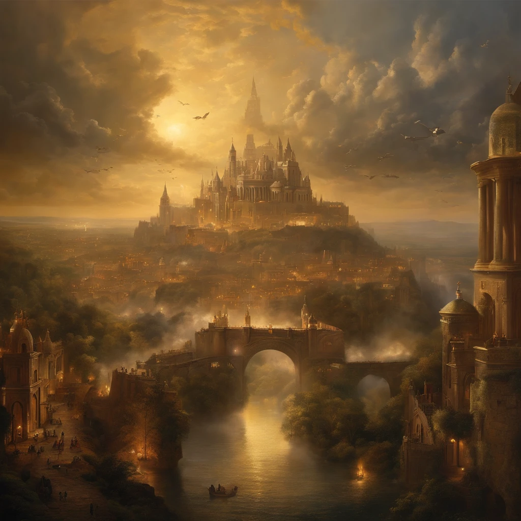 Painting of a city with a castle surrounded by angels flying around, Empyrian City, Deities々Realm of God, Utopian City, gold gates of heaven!!!!!!!!, Esoteric equation heaven, Heaven on Earth, breathtaking art, breath taking, City in the sky, City Apocalypse, City in the clouds, Elaborate dark paint