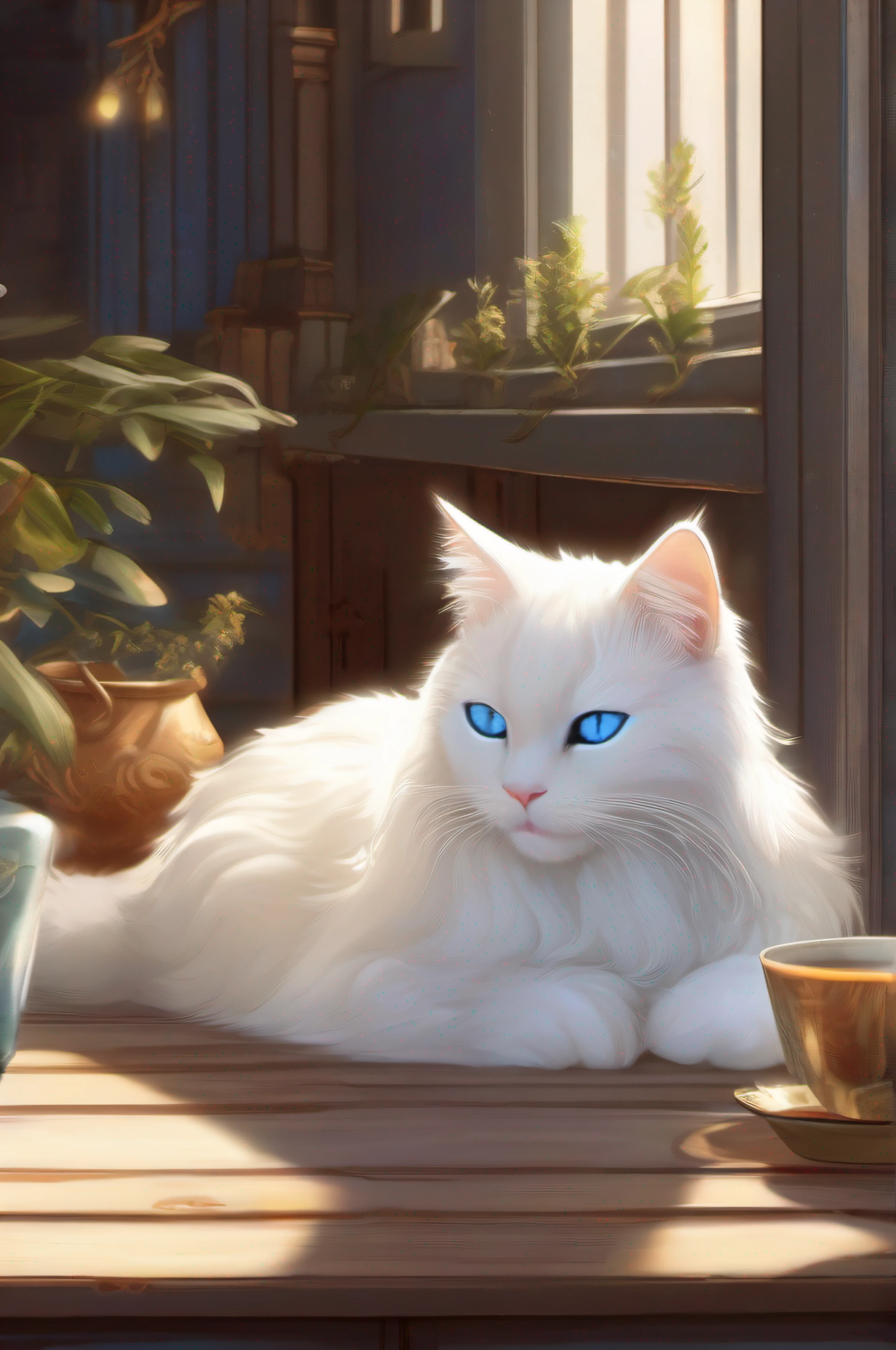 Blue-eyed cat sleeping on table,there is a cat on it,Digital Painting,illustration of a cat on it,Anime Cats,white fur and blue eyes,anime visual of a cute cat,Digital Illustration Style,No line,a cute little cat,White cat,realistic anime cat,anthropomorphic female cat,(Cat,sepia,Systemic –V,4-S750)