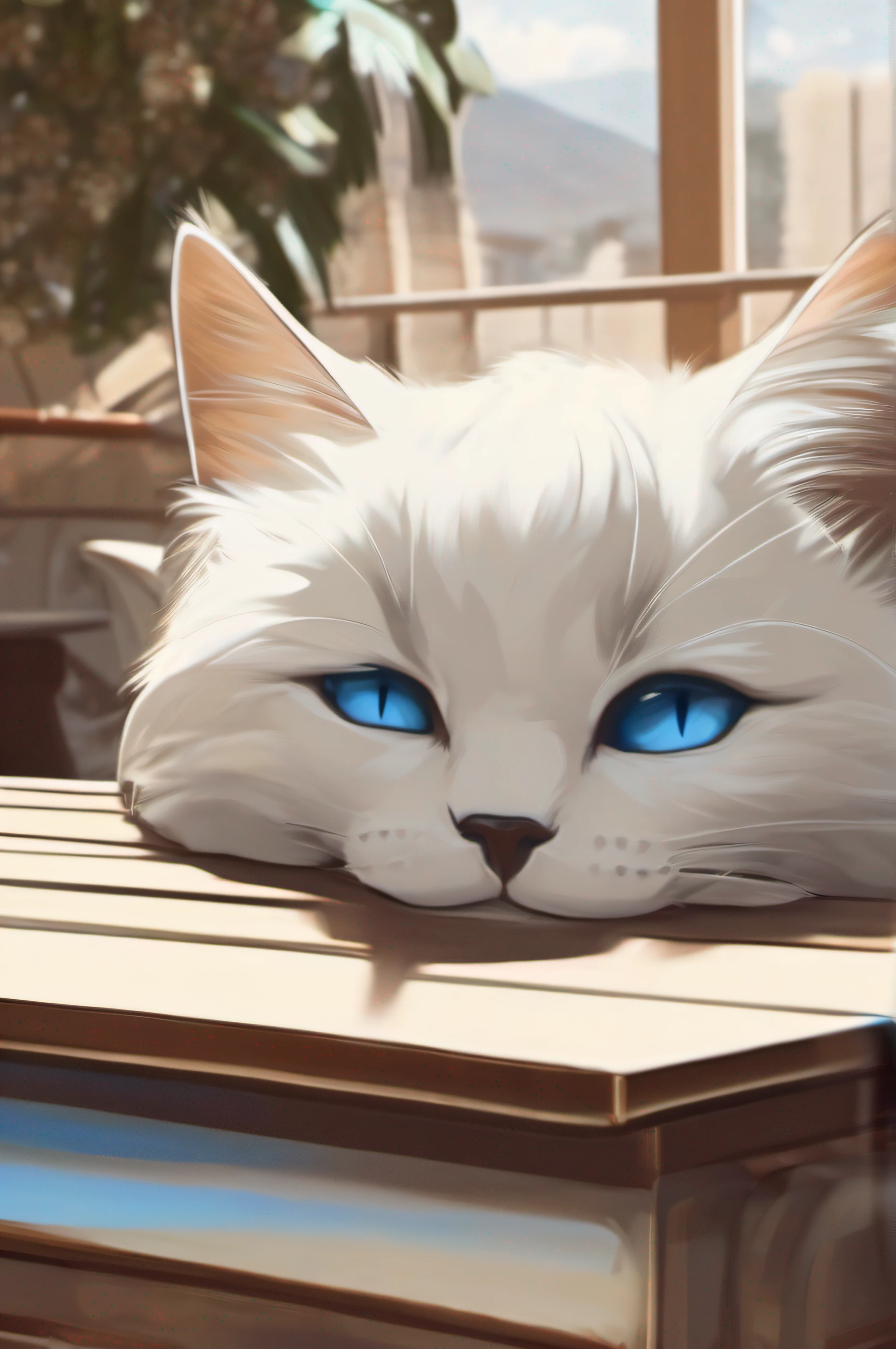 Blue-eyed cat sleeping on table,there is a cat on it,Digital Painting,illustration of a cat on it,Anime Cats,white fur and blue eyes,anime visual of a cute cat,Digital Illustration Style,No line,a cute little cat,White cat,realistic anime cat,anthropomorphic female cat,(Cat,sepia,Systemic –V,4-S750)