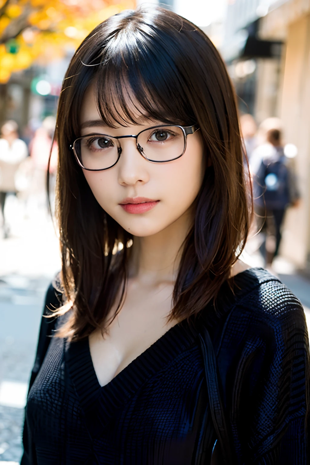 (8K、Raw photography、top-quality、masterpiece:1.2)、(realisitic、Photorealsitic:1.37)、ultra-detailliert、超A high resolution、 1 人、29yo、see the beholder、beautifull detailed face、Smile、Constriction、(Slim waist) :1.3)、Beautiful detailed skin、Skin Texture、well-shaped breasts、Floating hair、(turtle necked sweater:1.4)、Professional Lighting、Autumn afternoon、In the street、(((Black square glasses )))、the whole、brown haired、((Shameful appearance))、