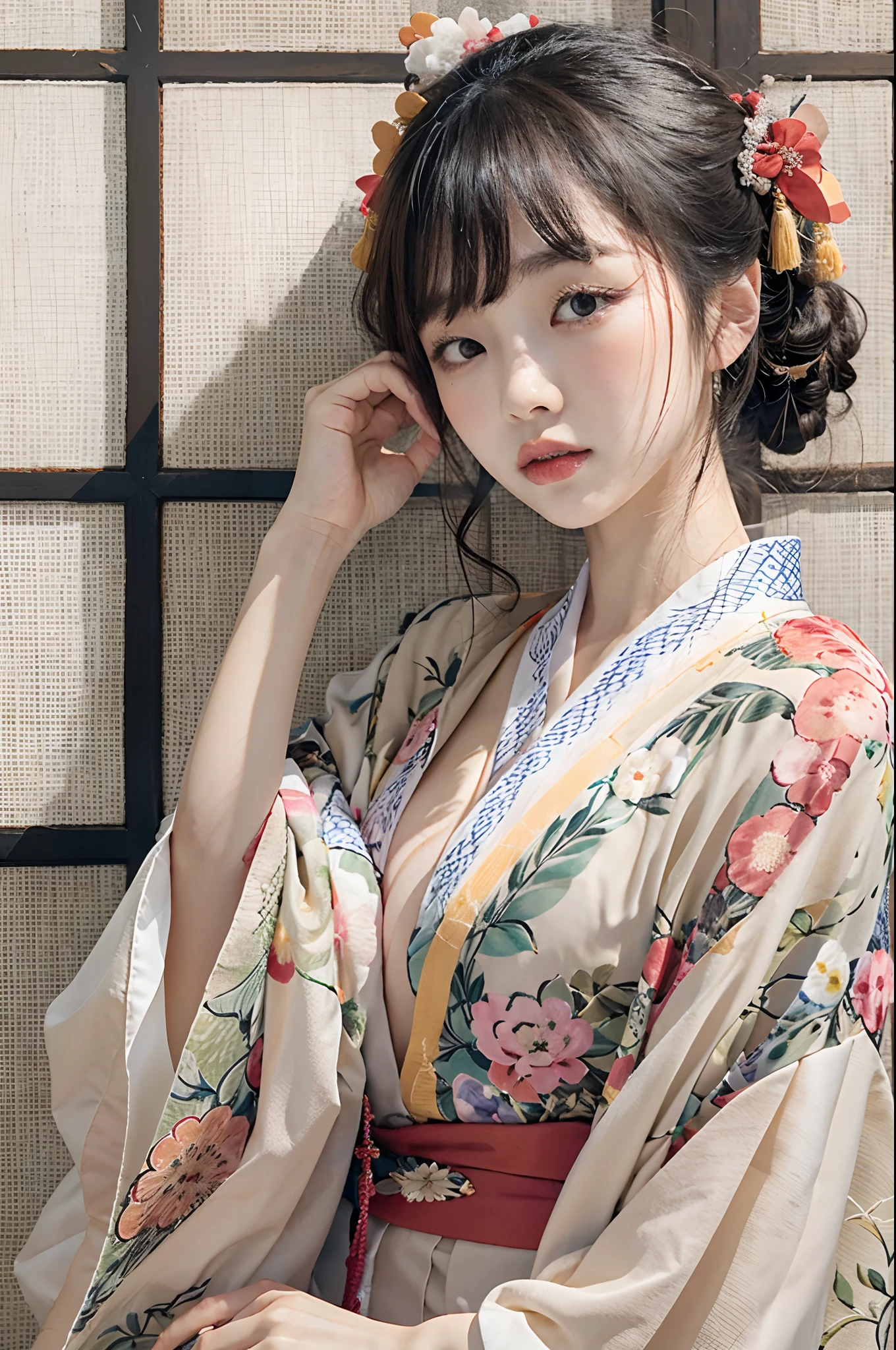 (background:Cherry blossoms on the mountain are covered with mist)((Ukiyo-e))japanese art,or period,tokyo art, lily,Natural landscape.(masseter membrane、top quality、Ukiyo-e style、mystery、Exquisite and beautiful、official art、Sharaku:1.2)、(1 japanese girl in:1.3)、(fractal art:1.3)、cowboy shooting、White skin、(beautiful brunette、kimono:1.2)、With Japanese traditional performing arts as the background、colorful、(reel、Belongs to Japanese style:1.2)、
