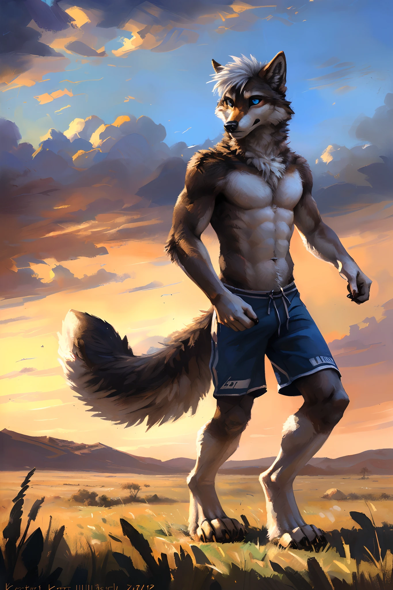 ((Solo)), male people, anthro wolf, (Multi-colored fur, White-brown:1.3), ((Wolf face, White hair, Big eyes, White eyelids, Blue pupil, Slim:1.2) (Tough, Calm expression:1.2)), Abs, Slim, pinging)), (Correct anatomy), (Work shorts:1.1), (Contour bone:1.2), The upper body is naked, (detailed outfits),A big tail，Feet，(Realistic fur, Detailed fur texture, labeled:1.3)), (Natural lighting), Photorealistic, Hyperrealistic, ultradetailed, by Kenket，Endless grasslands，No artificiality，erect through，Running on