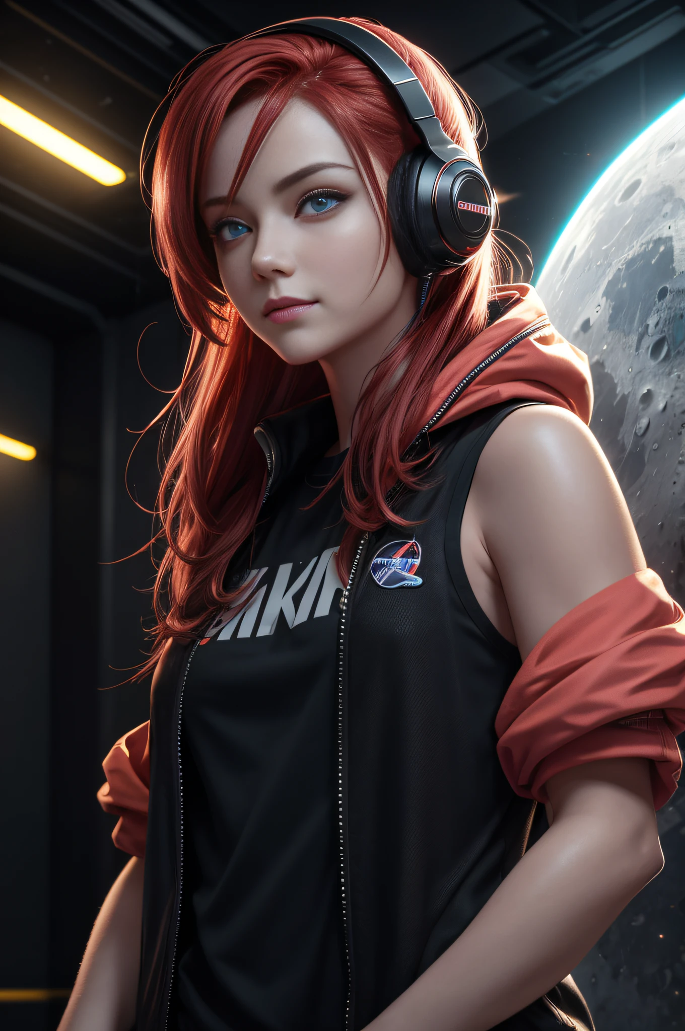 (on the moon, space, looking back into earth), red hair, black tank top, volumetric lighting, yellow jacket, glowing headphone, cyberpunk, futuristic, multi-color pink eyes, detailed eyes, hyper detailed,light smile, highly detailed, beautiful, small details, ultra detailed, best quality, intricate, hyperrealism, sharp, digital illustration, detailed, realism, 4k