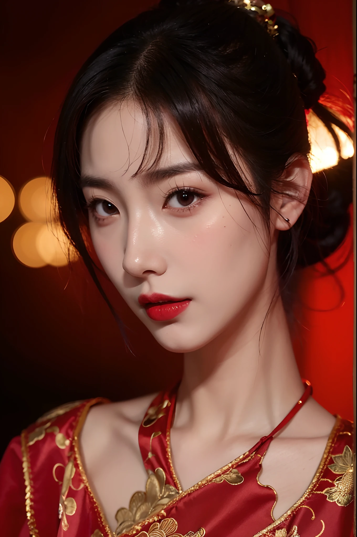 1girls,shrubs,Girl-Girl,china dress,Red Chinese Clothing,Blunt haircut,(masterpiece:1.4),(bestquality:1.4),(oily shiny skin),Red lips,looking at the audience,Big breasts,cleft lip, Upper body,