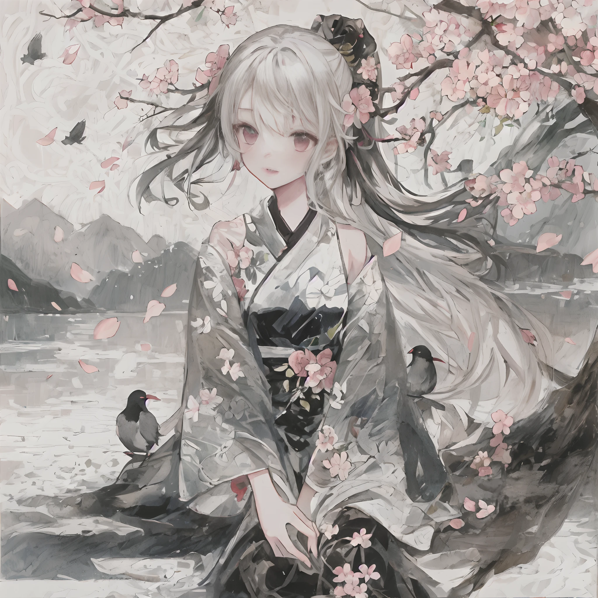 top-quality, Ink painting style, Fresh and elegant, Clear lake, orthofacial，Cute and shy，Cherry blossoms fall when the sun goes down，white color hair, Girl in black cheongsam with golden pattern, Ride the wind of flowers and blow your head away, Forest dotted with green leaves, Birds sing happily, Poetic scene