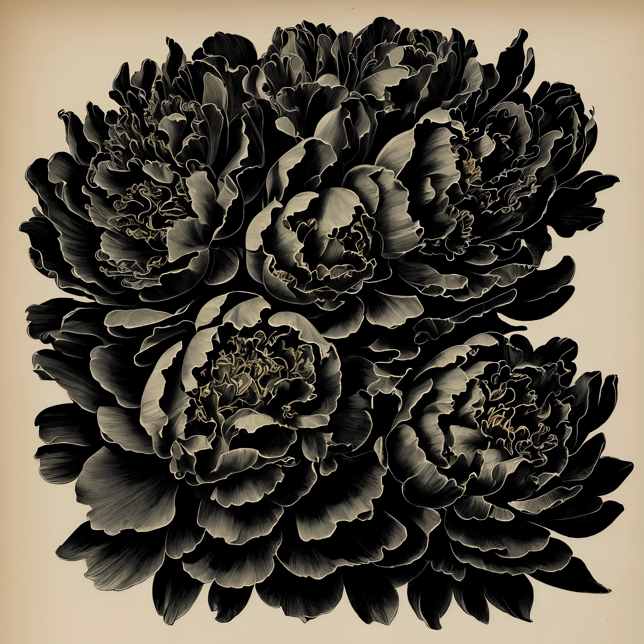 ((nobody)) Vintage Victorian style, Precise old encyclopedia (best quality:1.2), (detailed:1.2), (masterpiece:1.2), vintage illustrations of black peony flowers ((black peony))