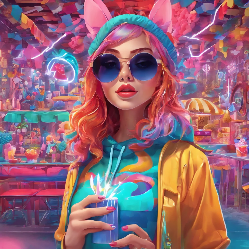 In a whimsical kawaii cafe, Kitten Fluffy, crafted from highly detailed curling, thin glowing multi-colored smoke, dons a rose flower hoodie and fancy funny stylish giant shiny sunglasses. Against a backdrop of vibrant neon typography spelling VIKUSIA, FAINOHO DNIA, capture its enchantment in a digital art masterpiece. Incorporate volumetric 3D rendering, Octane render, and vibrant graffiti elements to create a fantasy illustration that showcases its fashion-forward style. Make it pop with a poster-worthy 3D render that embraces the essence of this captivating character ((stunningly tantalizing view)). 3D, highly detailed, sharp focus, 8K, ultra quality, UHD, crystal clear, bokeh. Black magic Pocket Cinema Camera 6K Pro with Sigma 18-35mm f/1.8 DC HSM Art lens Canon EOS 5D Mark IV camera with a Canon EF 24-70mm f/2.8L II USM lens --ar 9:16 --v 5.2 --s 750, architecture, vibrant, wildlife photography, portrait photography, fashion, cinematic, typography, 3d render, poster, photo