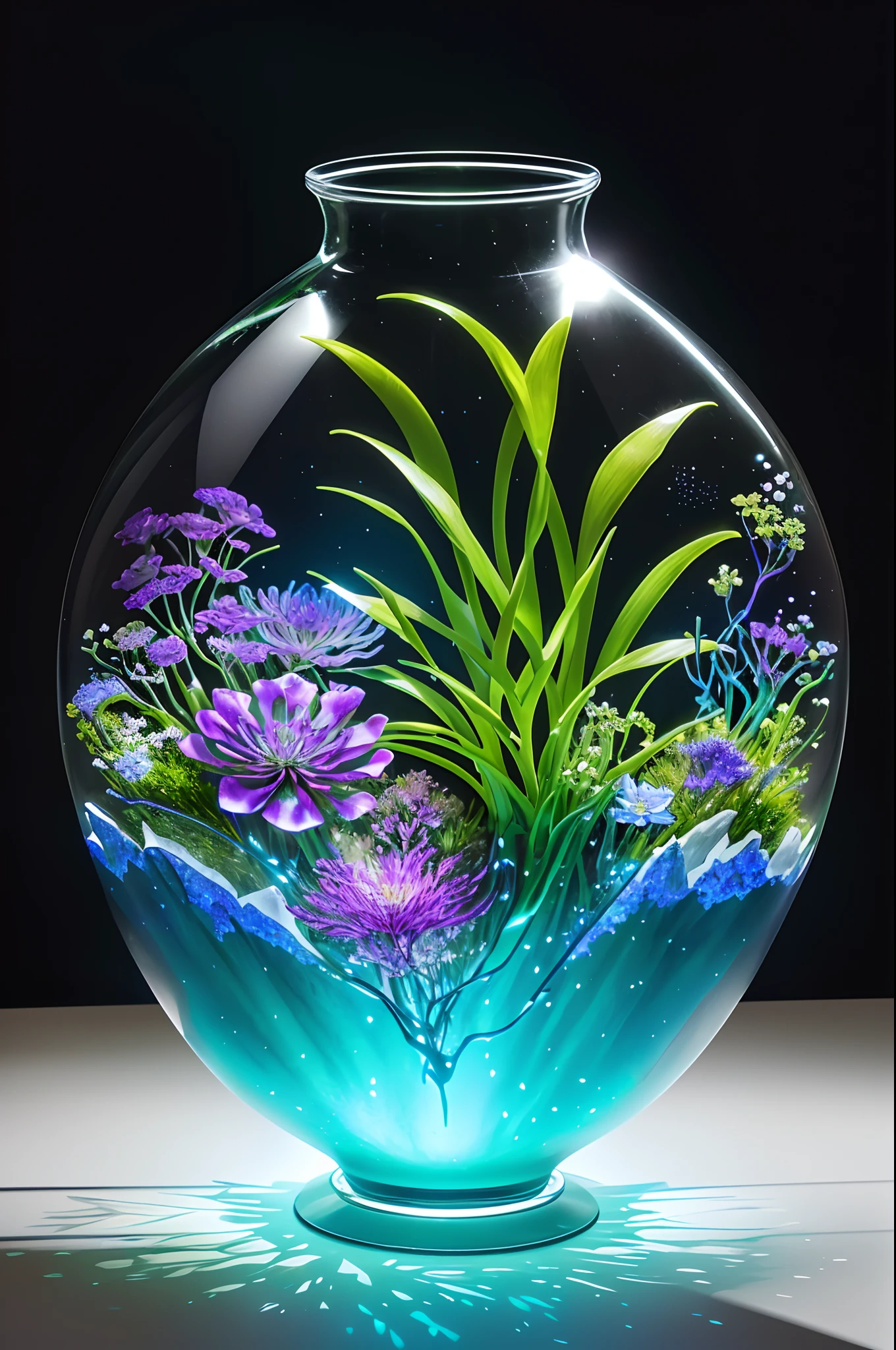 There is a vase on the table,Inside there are flowers, mythical floral hills, surreal waiizi flowers, Spin sparkling sea plants, Luminous flowers, a glowing flower, Made of sparkling wax and ceramic, Captivating terrarium graphics, glowing plants, Dream of flowers in a vase, vases, light bloom, glowing plants, Glass flowers